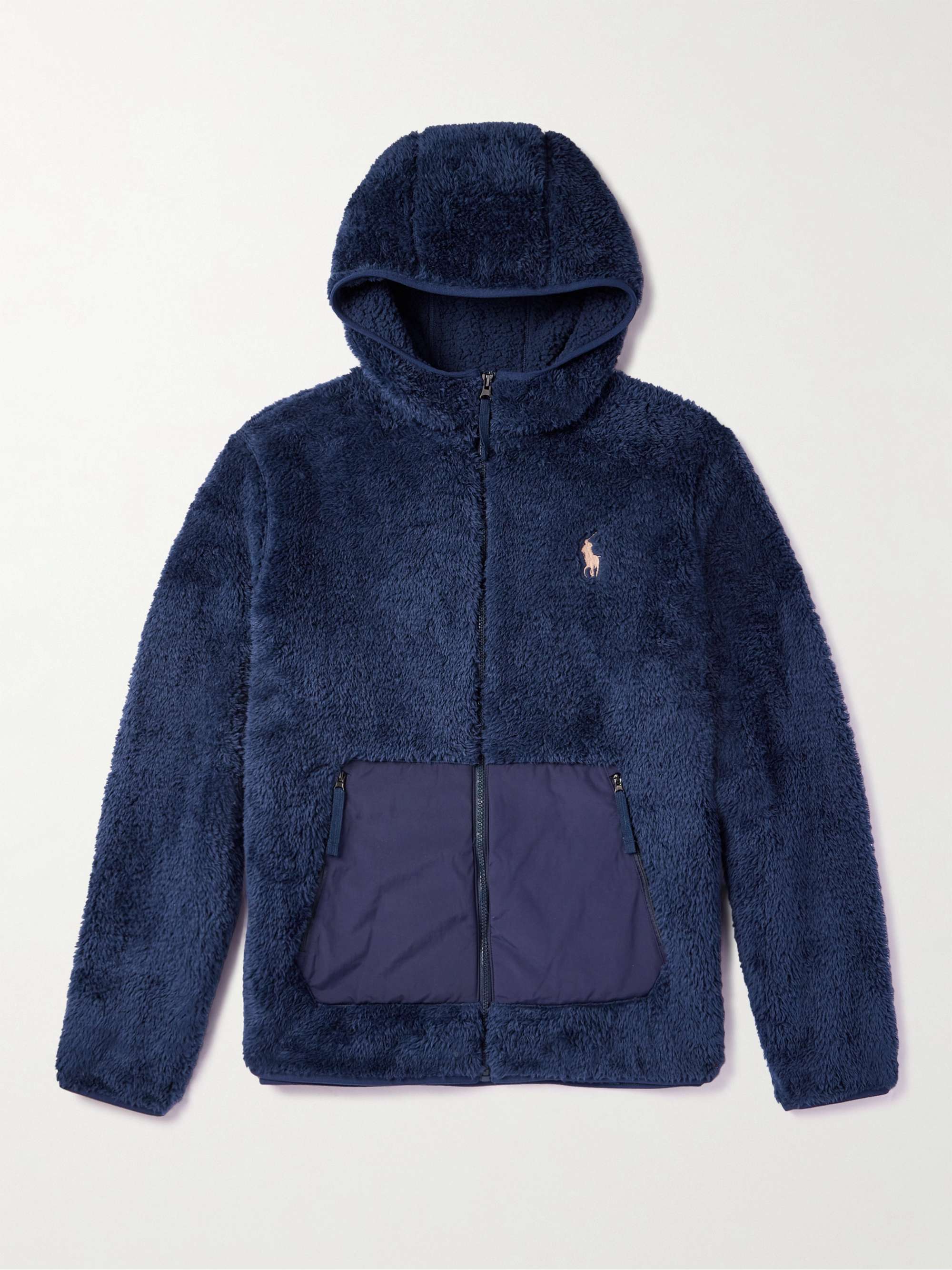 Logo-Embroidered Shell-Trimmed Fleece Zip-Up Hoodie