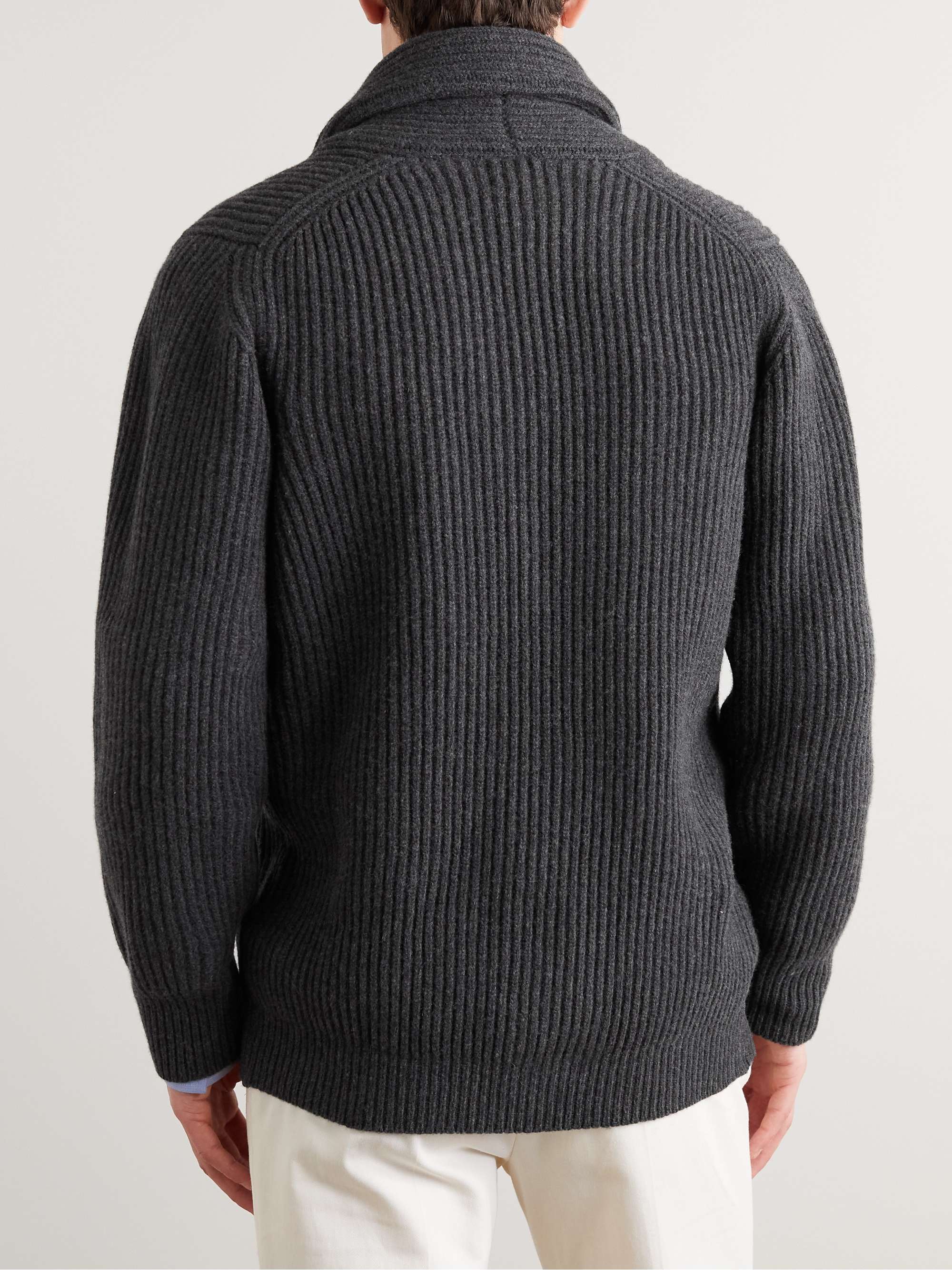 KINGSMAN Shawl-Collar Ribbed Merino Wool and Cashmere-Blend Cardigan