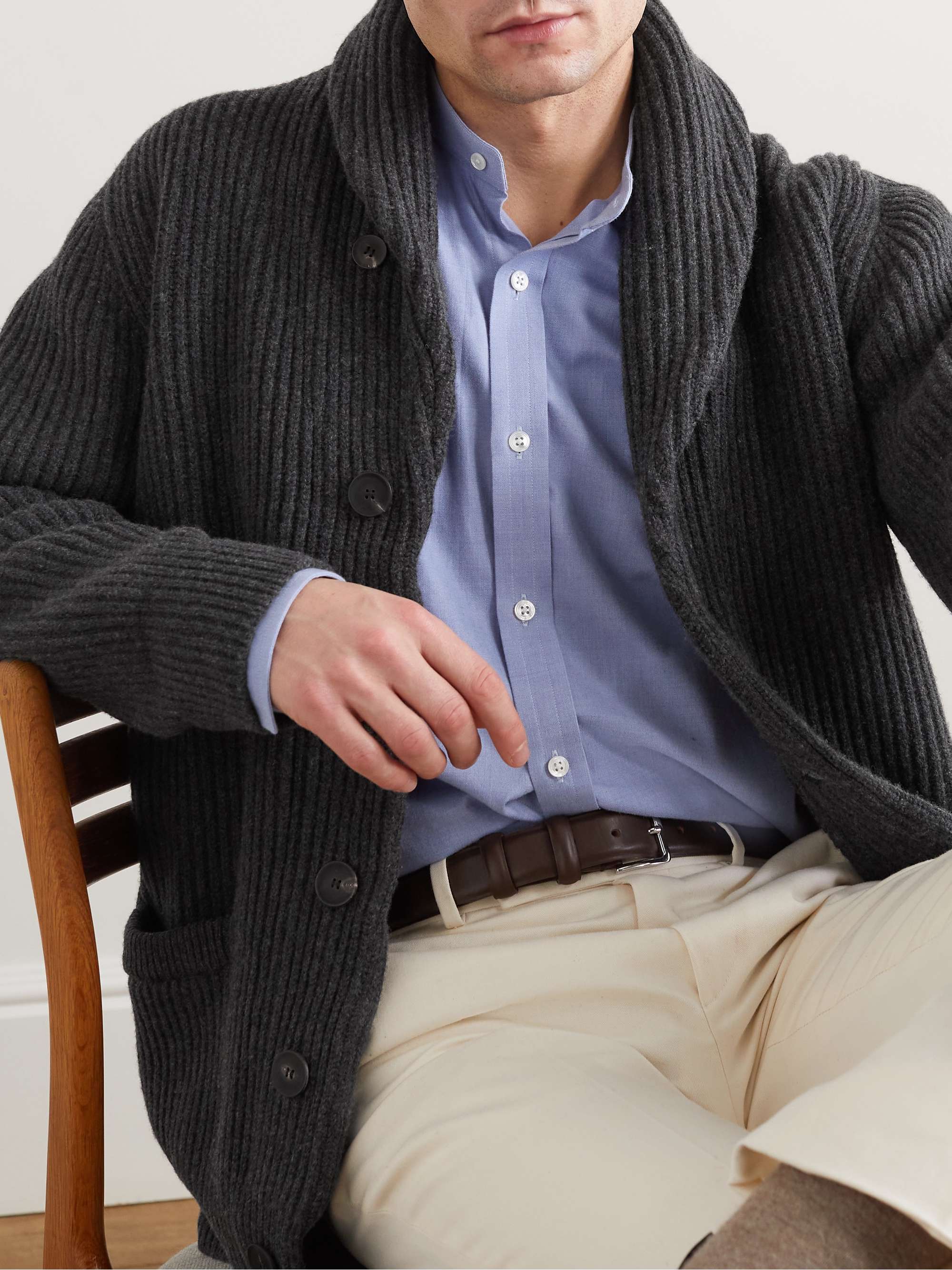 KINGSMAN Shawl-Collar Ribbed Merino Wool and Cashmere-Blend Cardigan