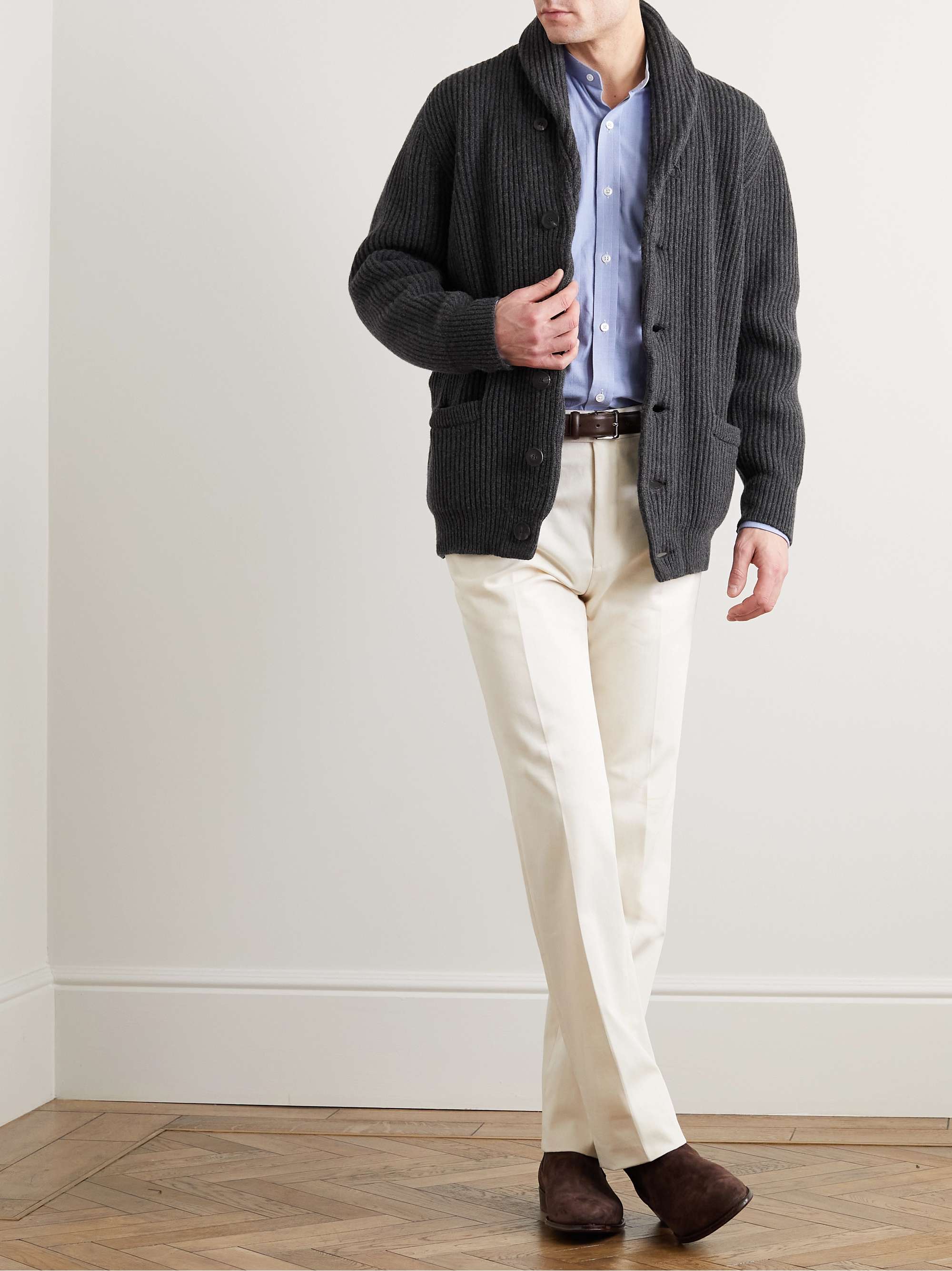 KINGSMAN Shawl-Collar Ribbed Merino Wool and Cashmere-Blend Cardigan
