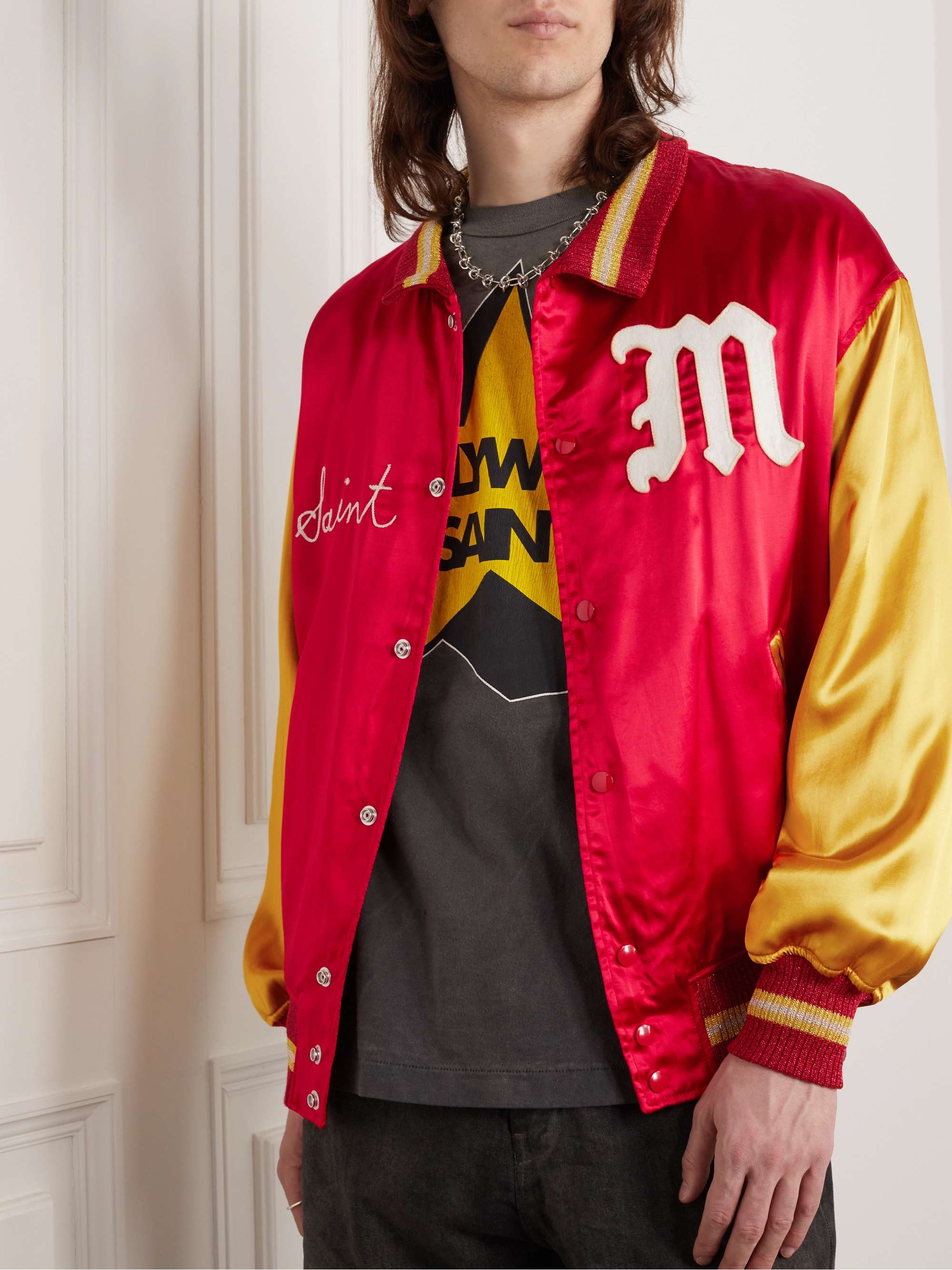 SAINT MXXXXXX Logo-Embroidered Appliquéd Satin Bomber Jacket