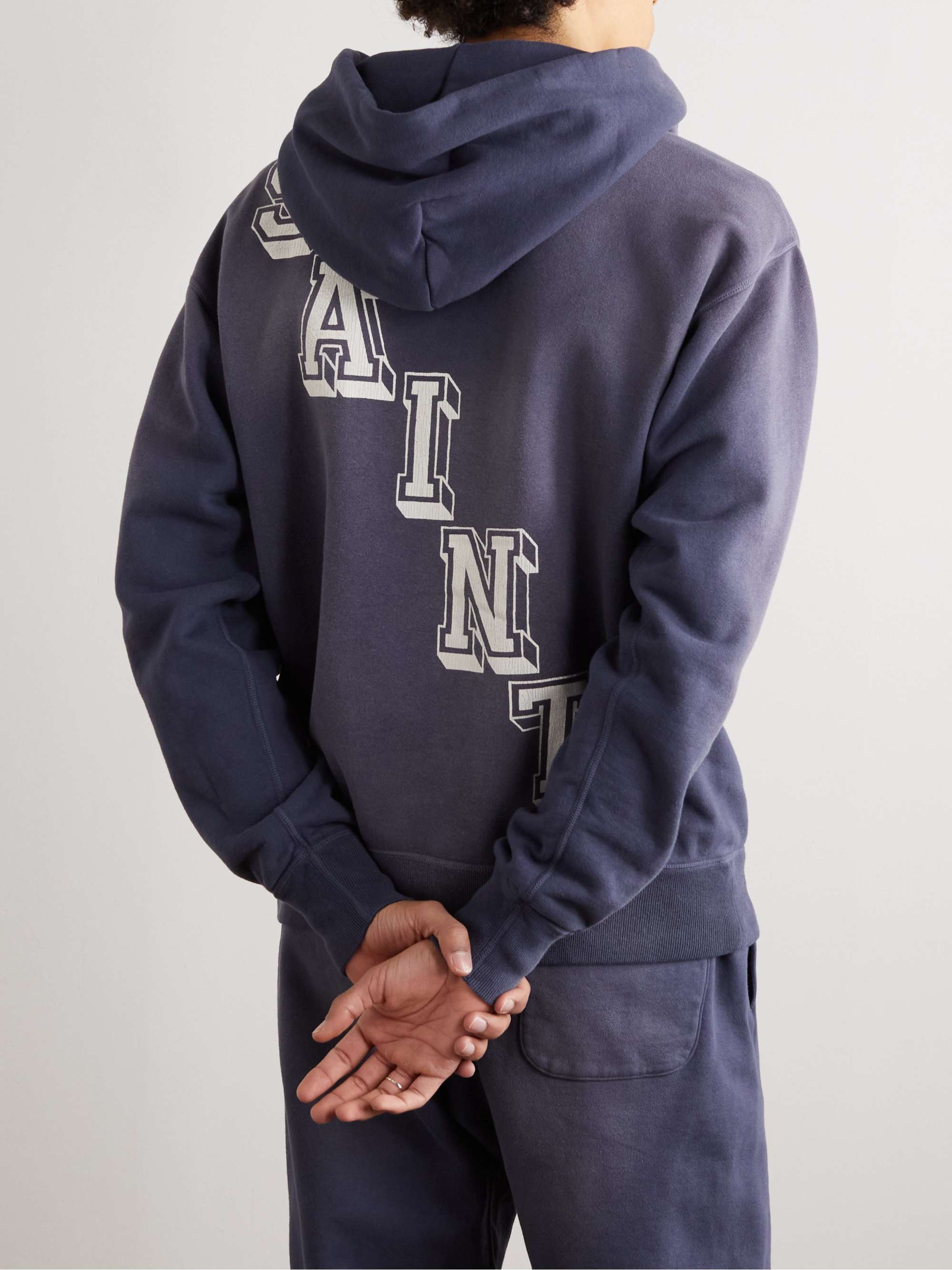 SAINT MXXXXXX Logo-Print Distressed Cotton-Jersey Hoodie