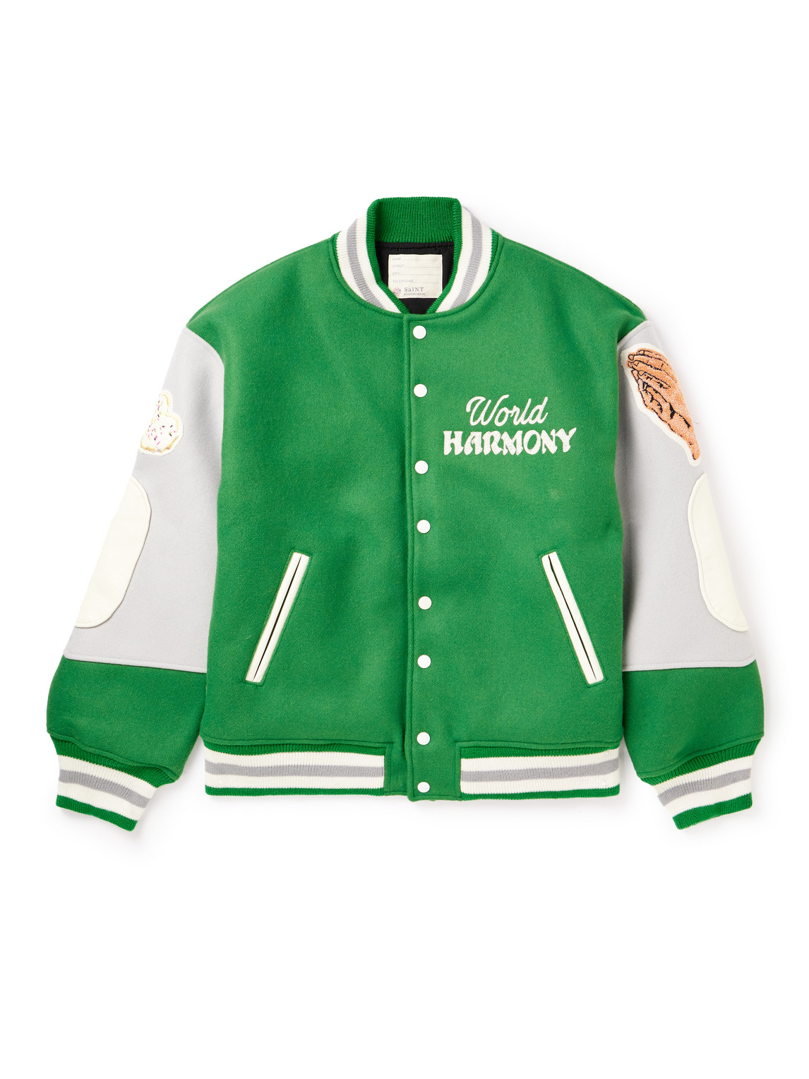 SAINT MXXXXXX LOGO-EMBROIDERED WOOL-BLEND AND LEATHER VARSITY JACKET