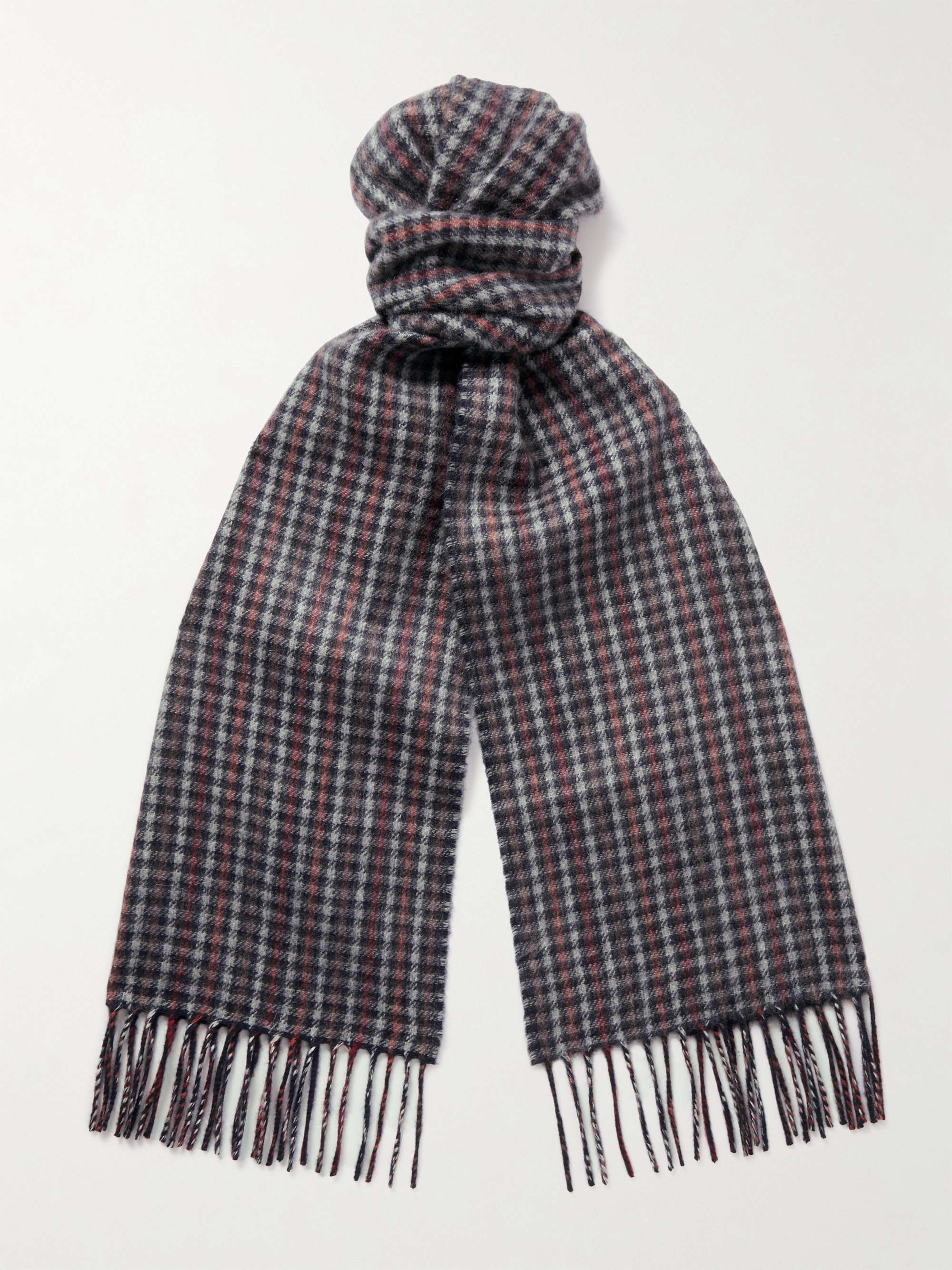 JOHNSTONS OF ELGIN Reversible Fringed Houndstooth and Striped Cashmere Scarf
