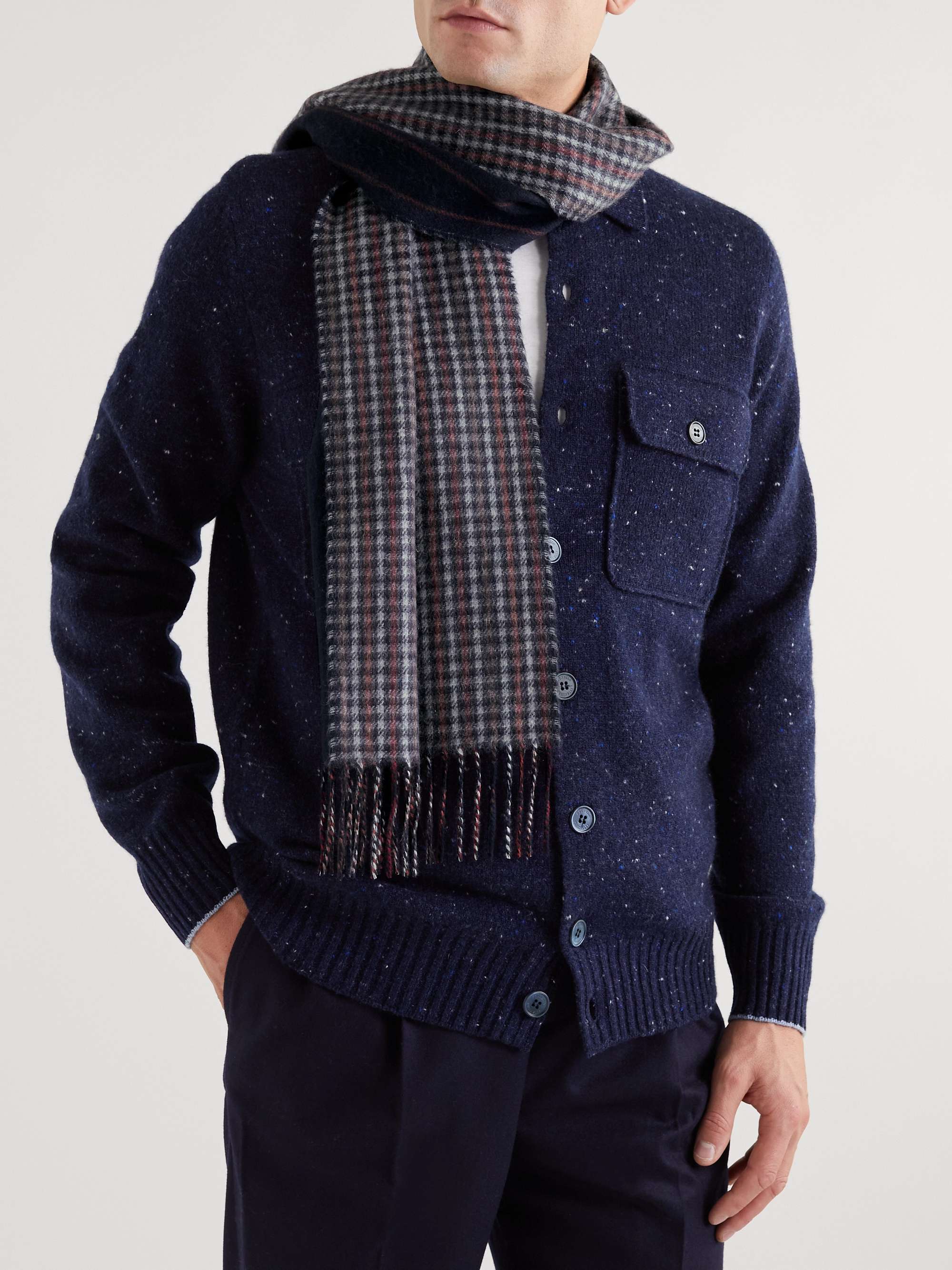 JOHNSTONS OF ELGIN Reversible Fringed Houndstooth and Striped Cashmere Scarf