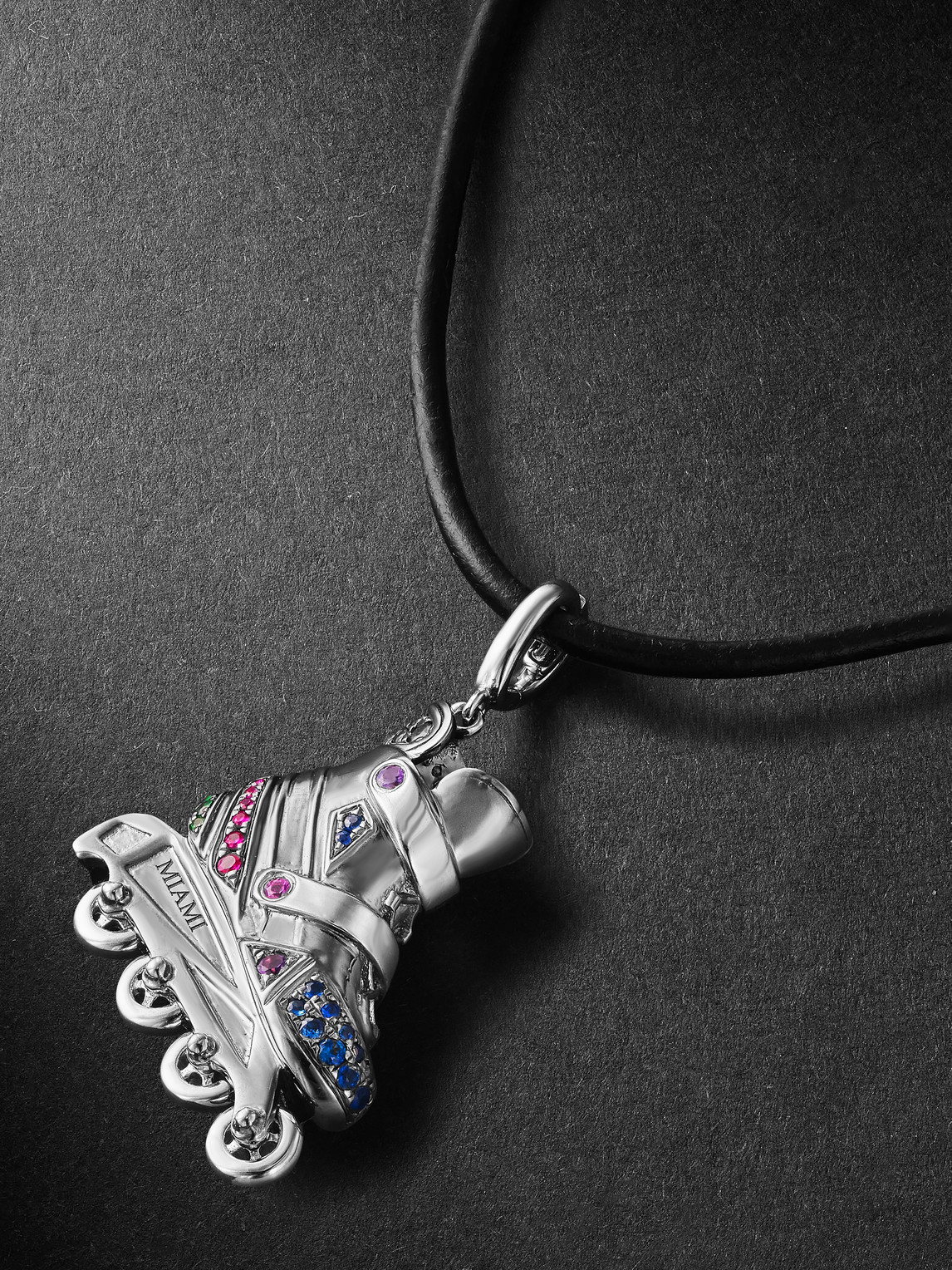 Annoushka - Miami Rollerskate 18-karat Blackened And White Gold, Multi-stone And Leather Pendant Necklace - Men - Silver 