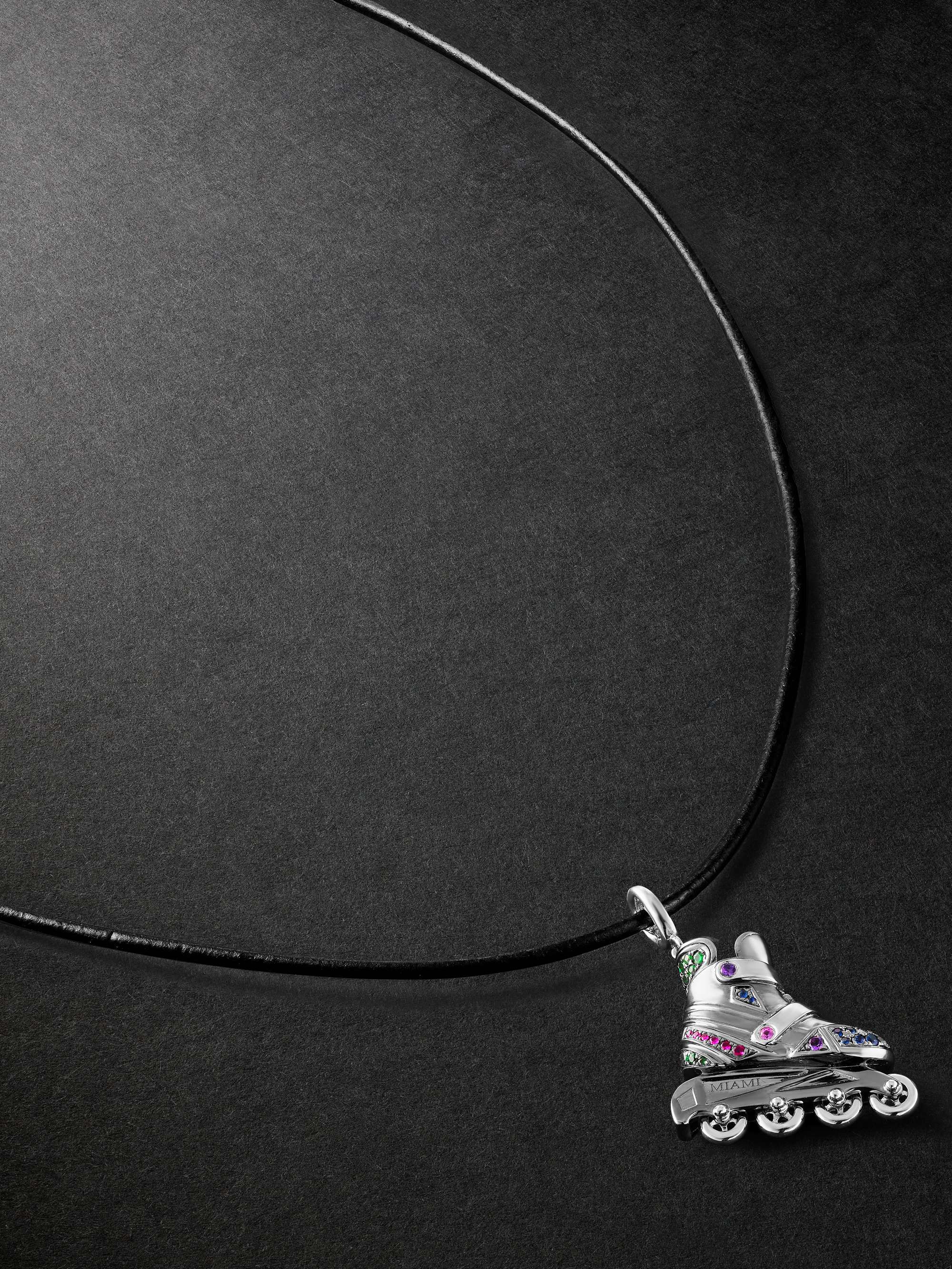 ANNOUSHKA Miami Rollerskate 18-Karat Blackened and White Gold, Multi-Stone and Leather Pendant Necklace