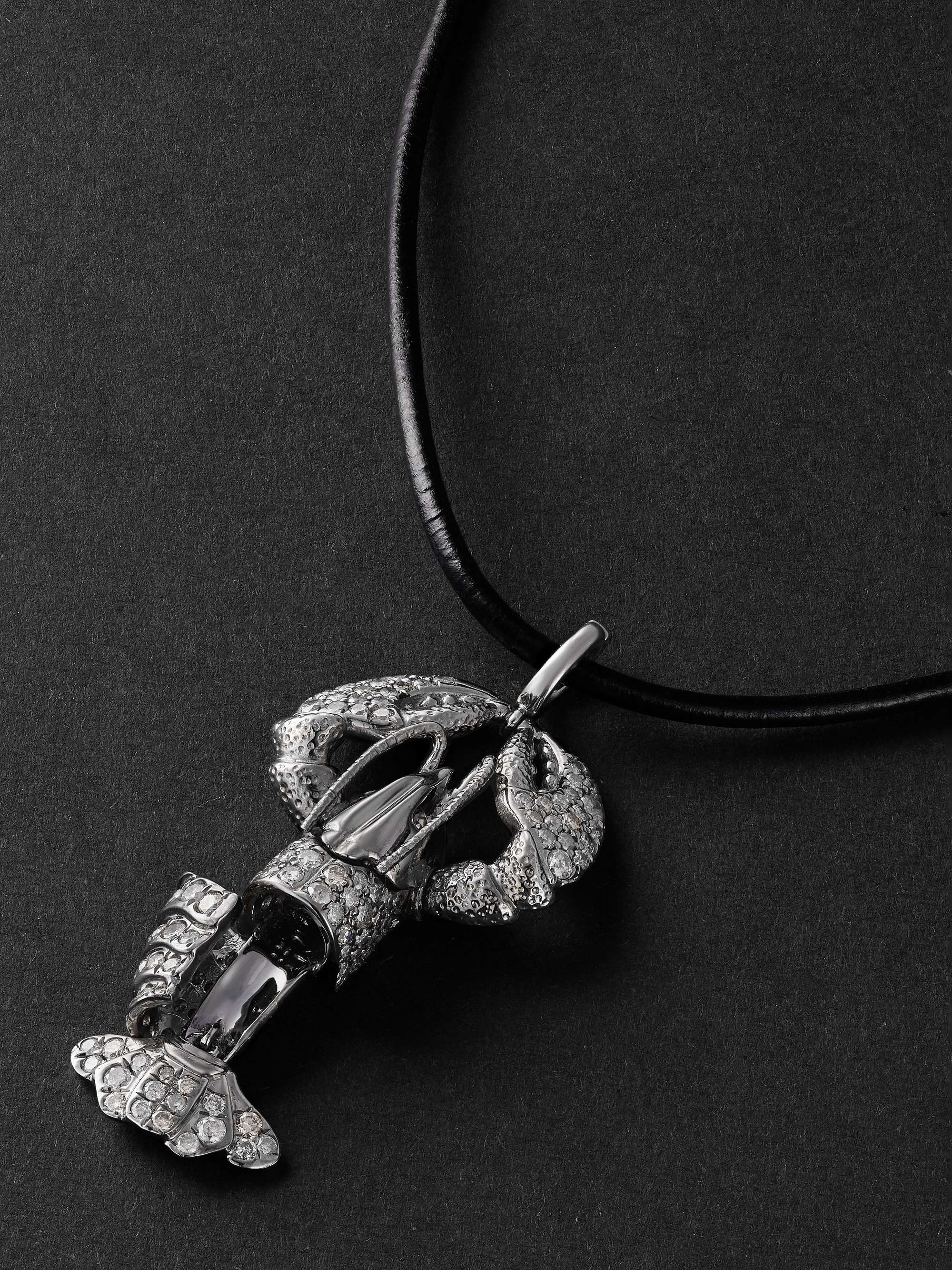 ANNOUSHKA Lobster Locket 18-Karat Blackened White Gold, Diamond and Leather Pendant Necklace