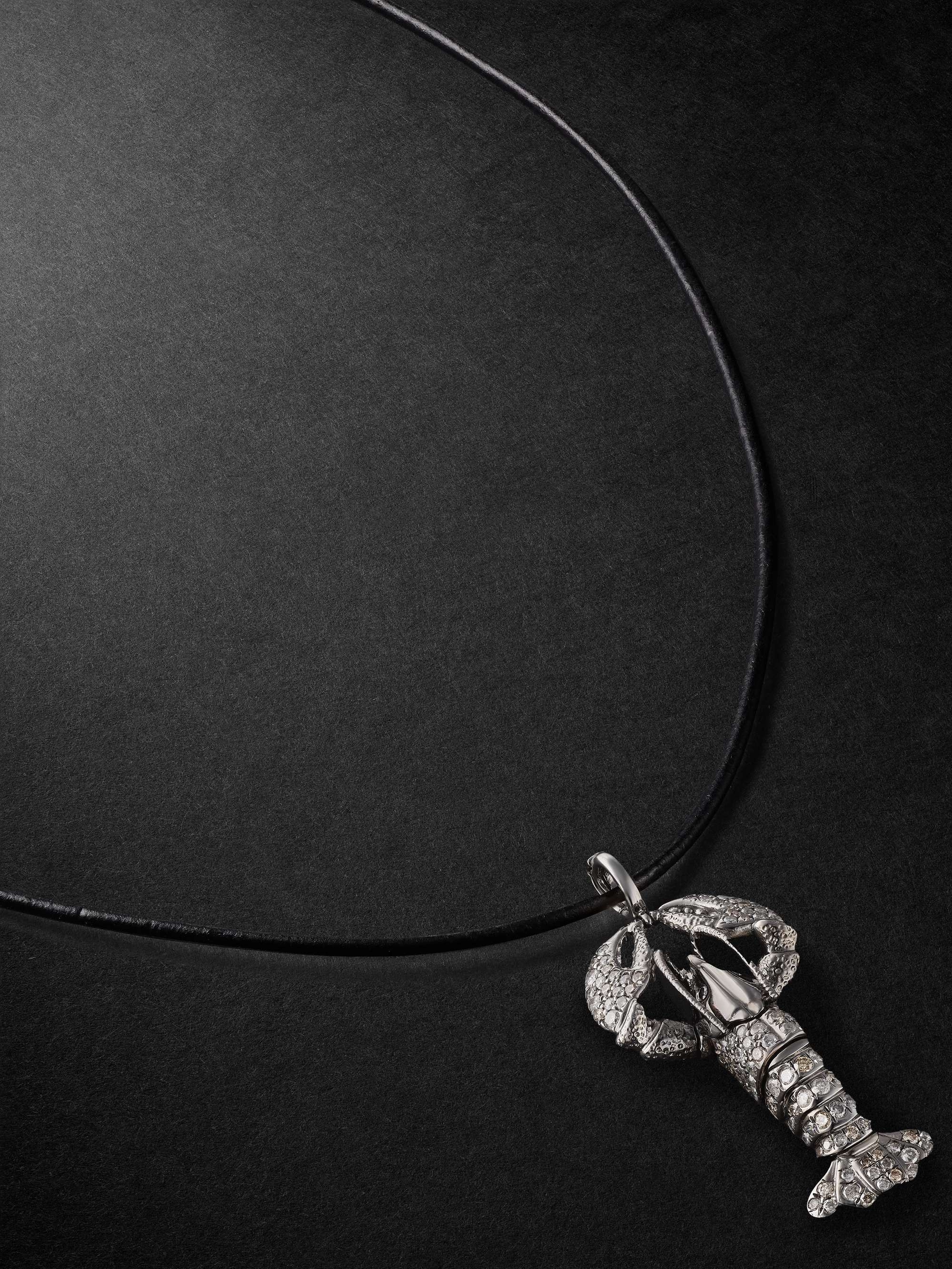 ANNOUSHKA Lobster Locket 18-Karat Blackened White Gold, Diamond and Leather Pendant Necklace