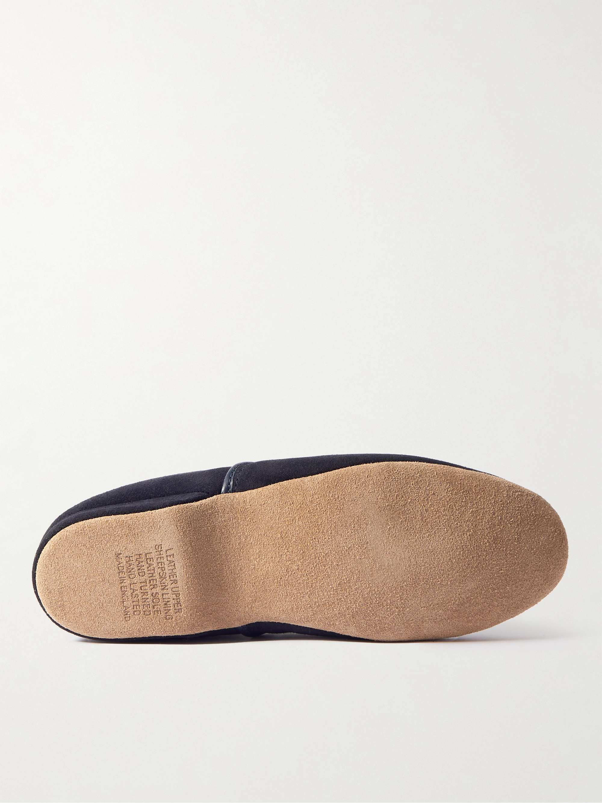 DEREK ROSE Crawford Leather-Trimmed Shearling-Lined Suede Slippers