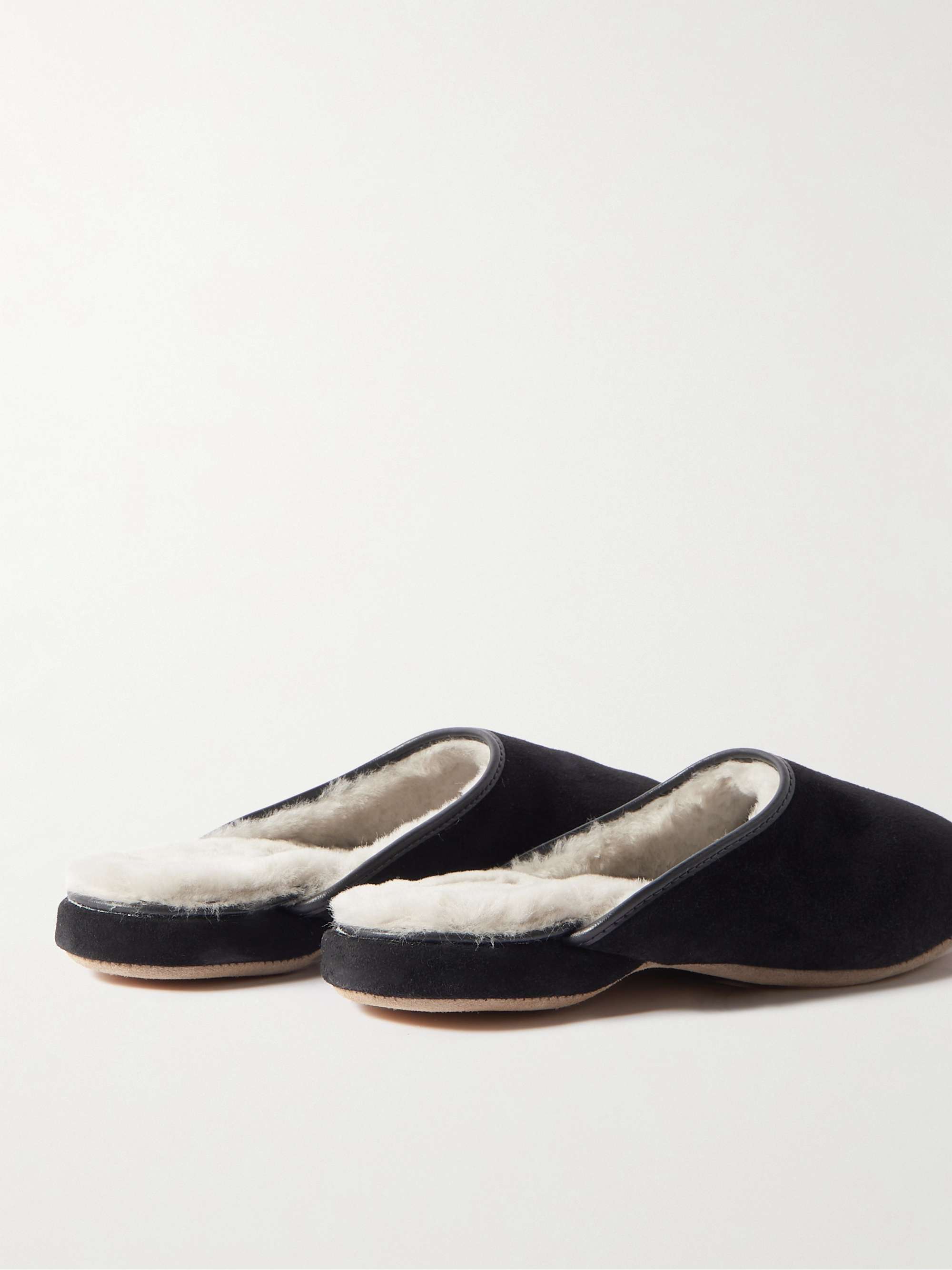 DEREK ROSE Douglas Leather-Trimmed Shearling-Lined Suede Slippers