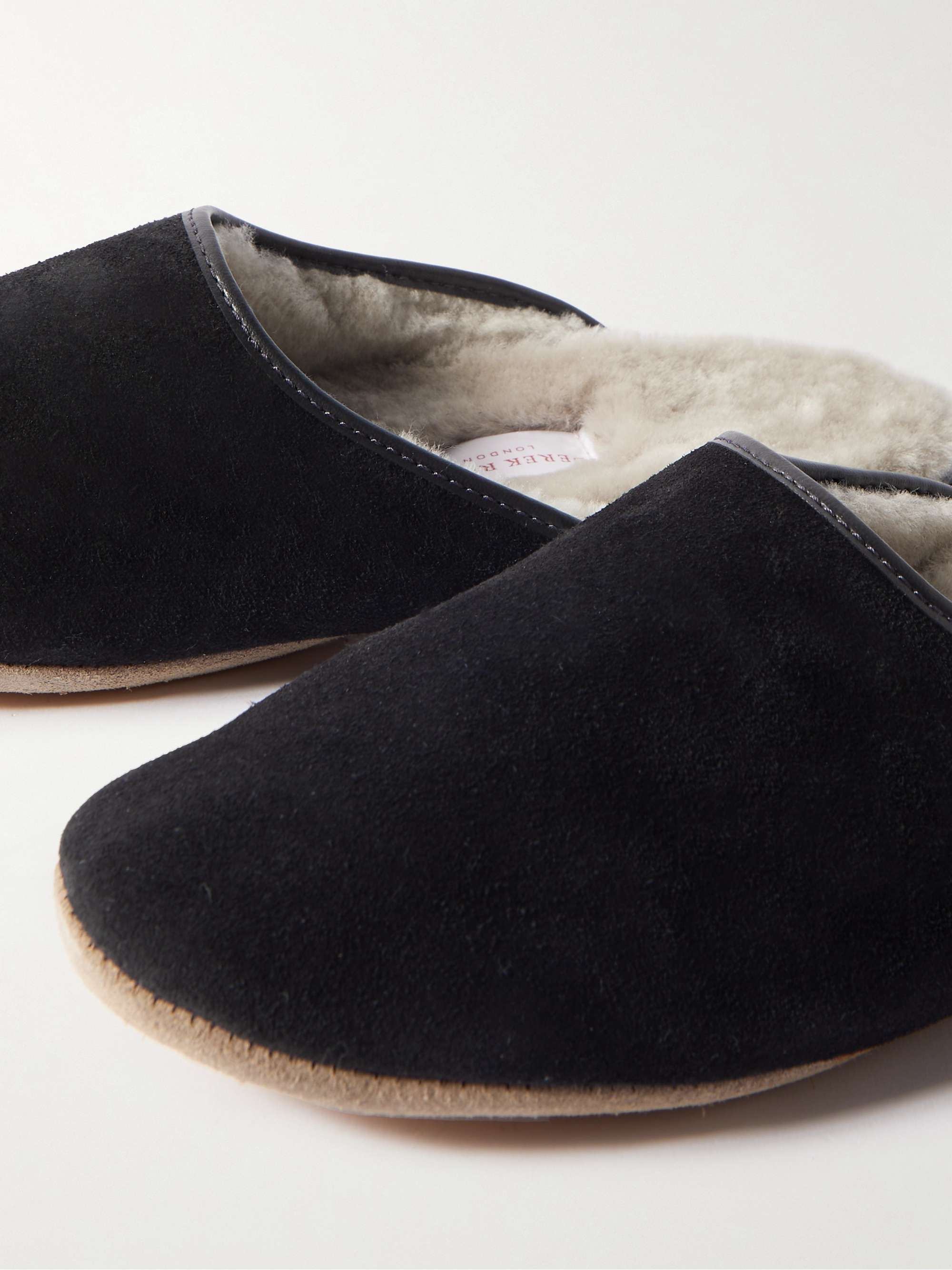 DEREK ROSE Douglas Leather-Trimmed Shearling-Lined Suede Slippers