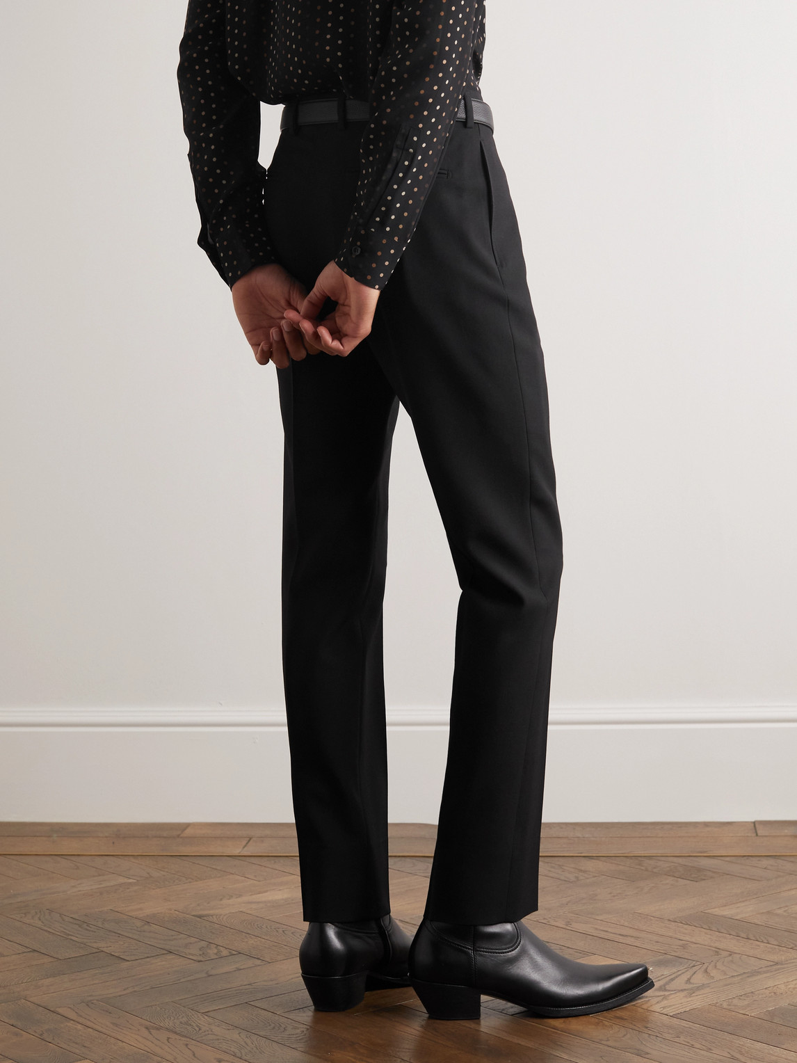 Shop Saint Laurent Straight-leg Pleated Wool-gabardine Trousers In Black