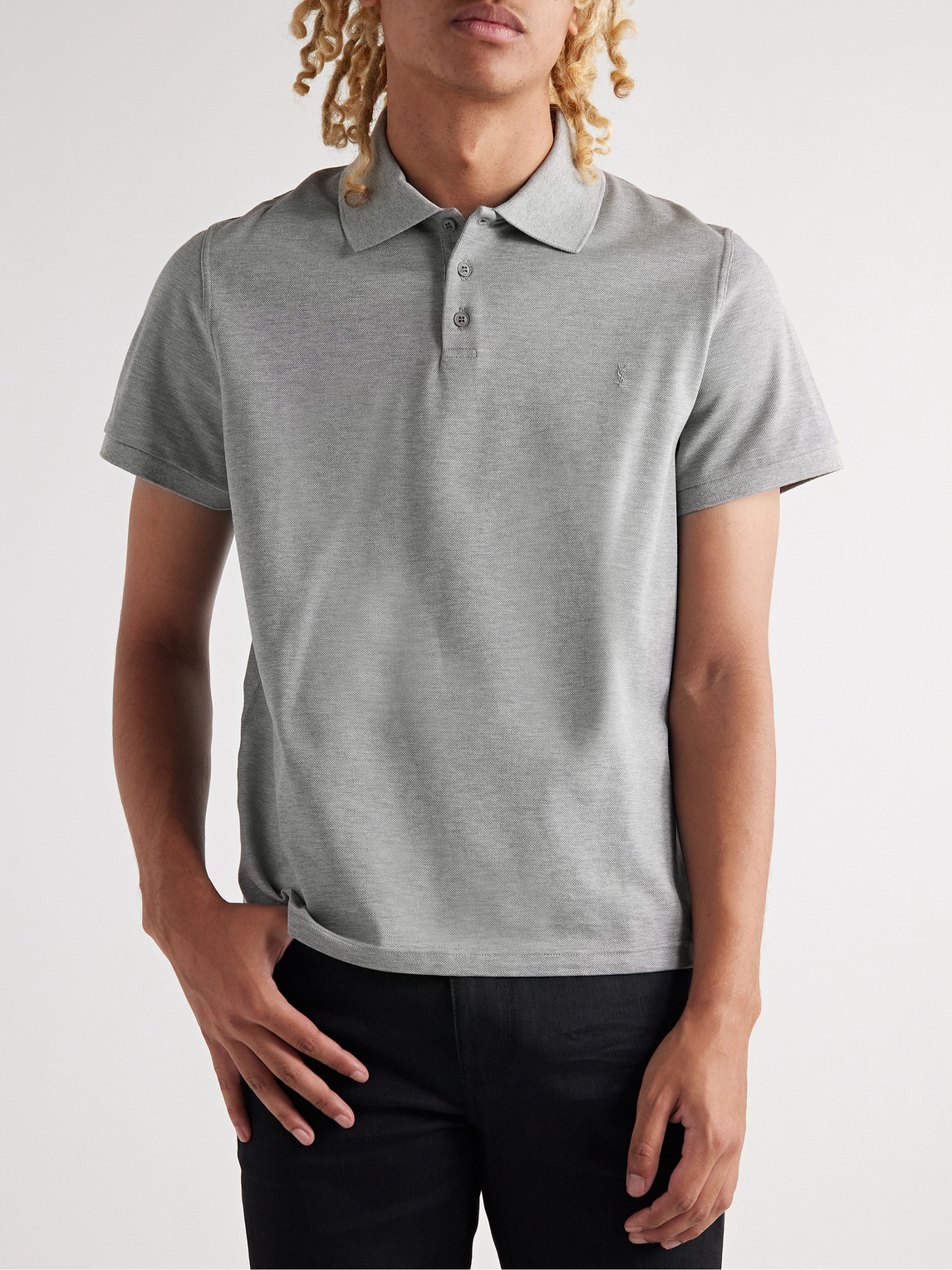 Shop Saint Laurent Cotton-piqué Polo Shirt In Gray