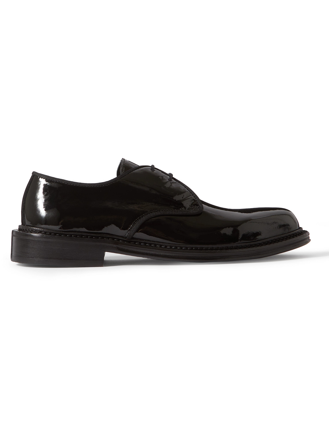 Grosgrain-Trimmed Patent-Leather Derby Shoes