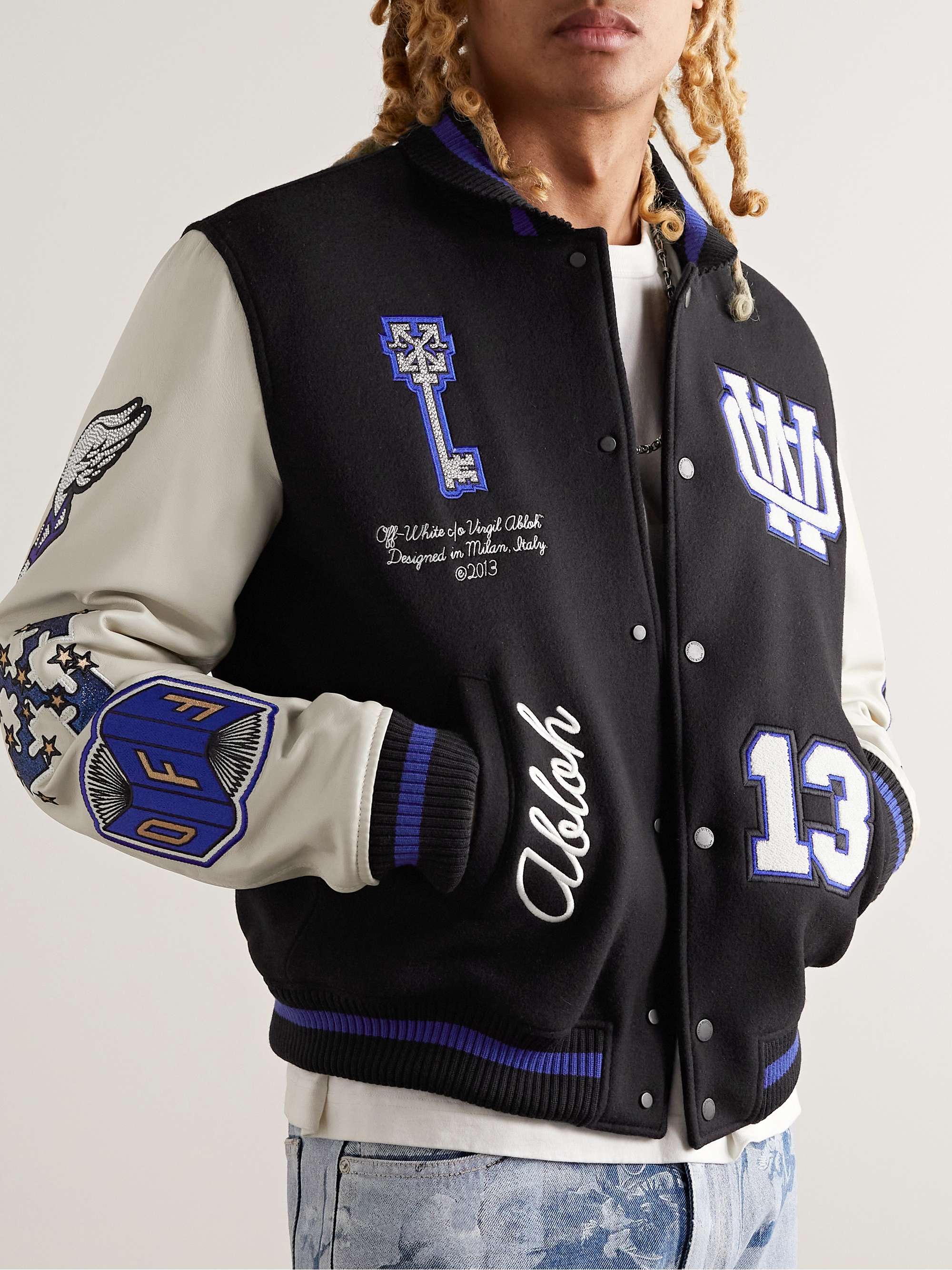 OFF-WHITE Appliquéd Wool-Blend Felt and Leather Varsity Jacket