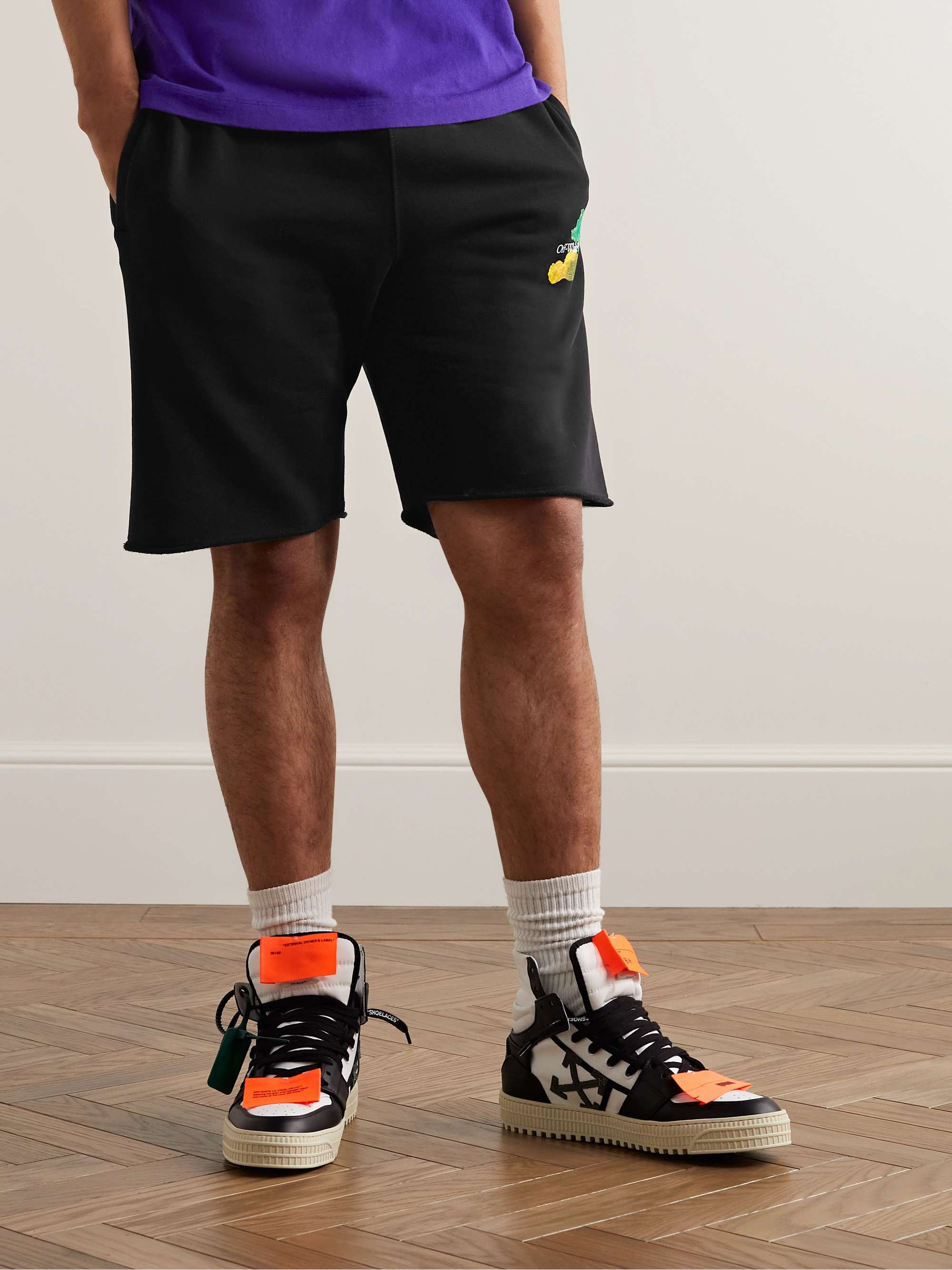 OFF-WHITE Straight-Leg Frayed Logo-Print Cotton-Jersey Shorts