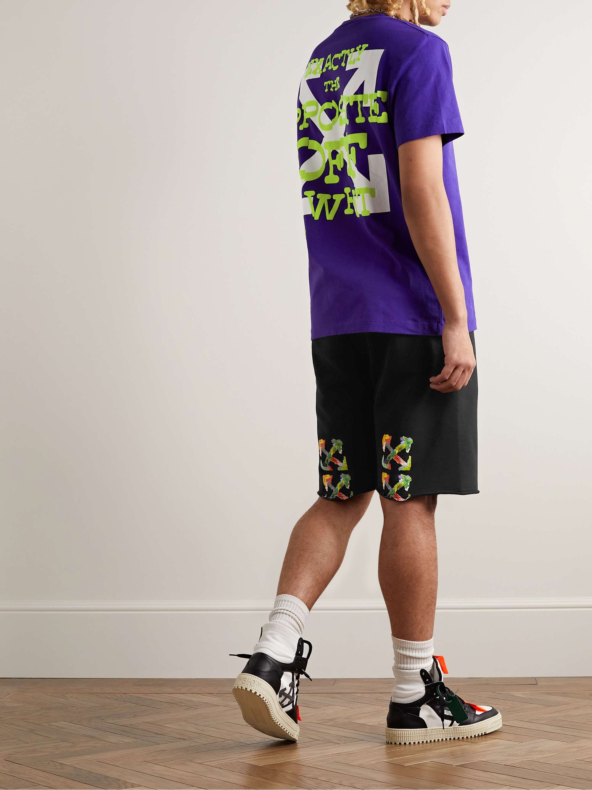 OFF-WHITE Straight-Leg Frayed Logo-Print Cotton-Jersey Shorts