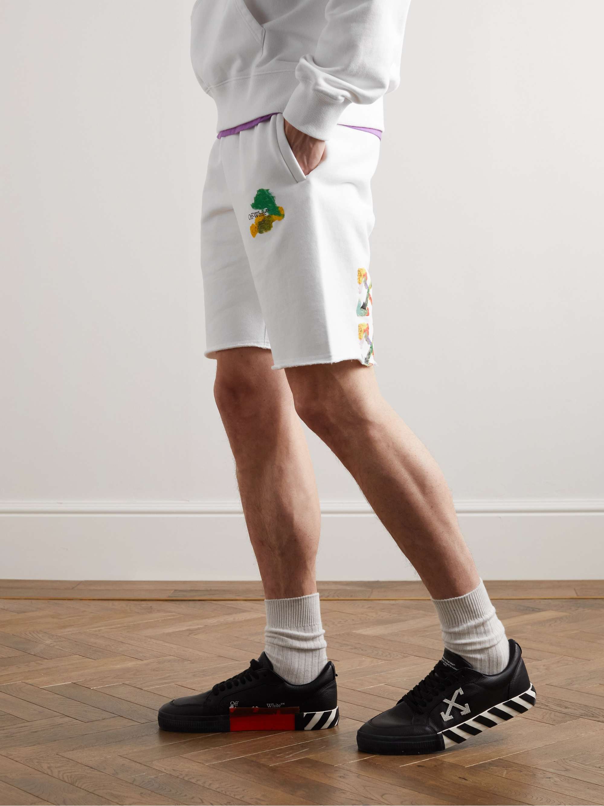 OFF-WHITE Straight-Leg Frayed Logo-Print Cotton-Jersey Shorts