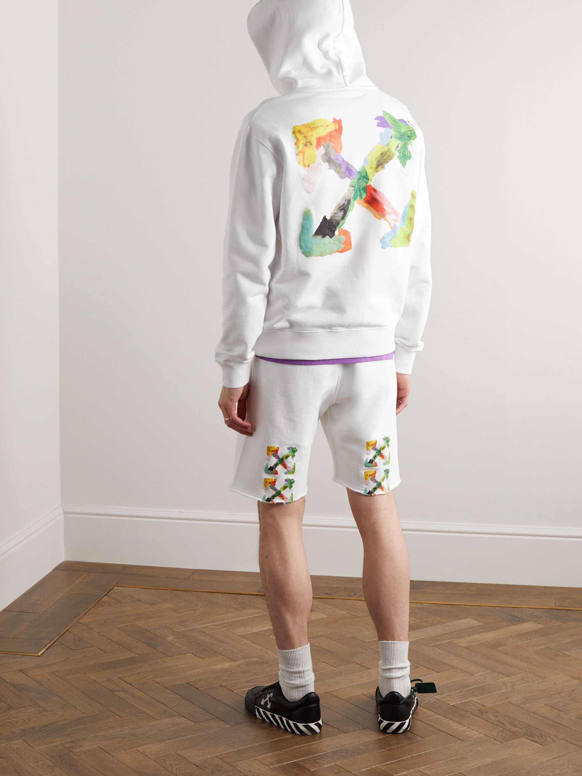 OFF-WHITE Straight-Leg Frayed Logo-Print Cotton-Jersey Shorts