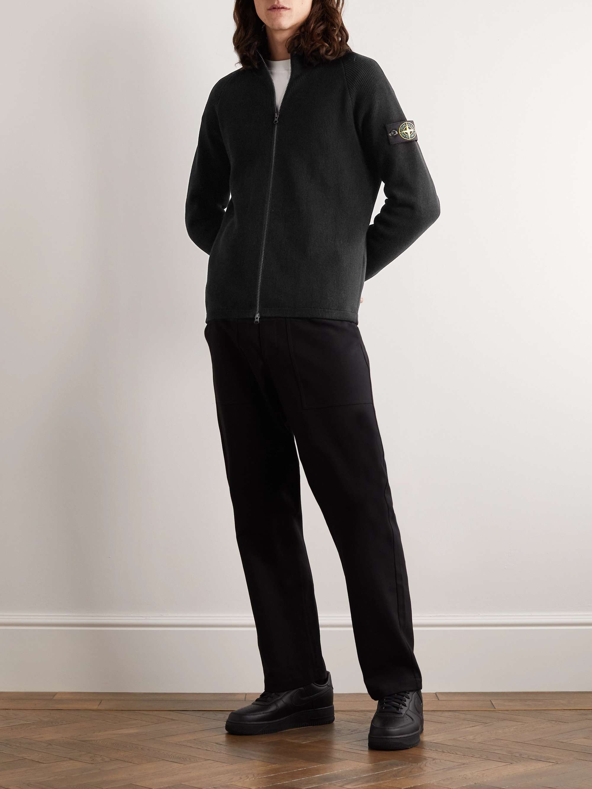 STONE ISLAND Logo-Appliquéd Ribbed Cotton Zip-Up Cardigan