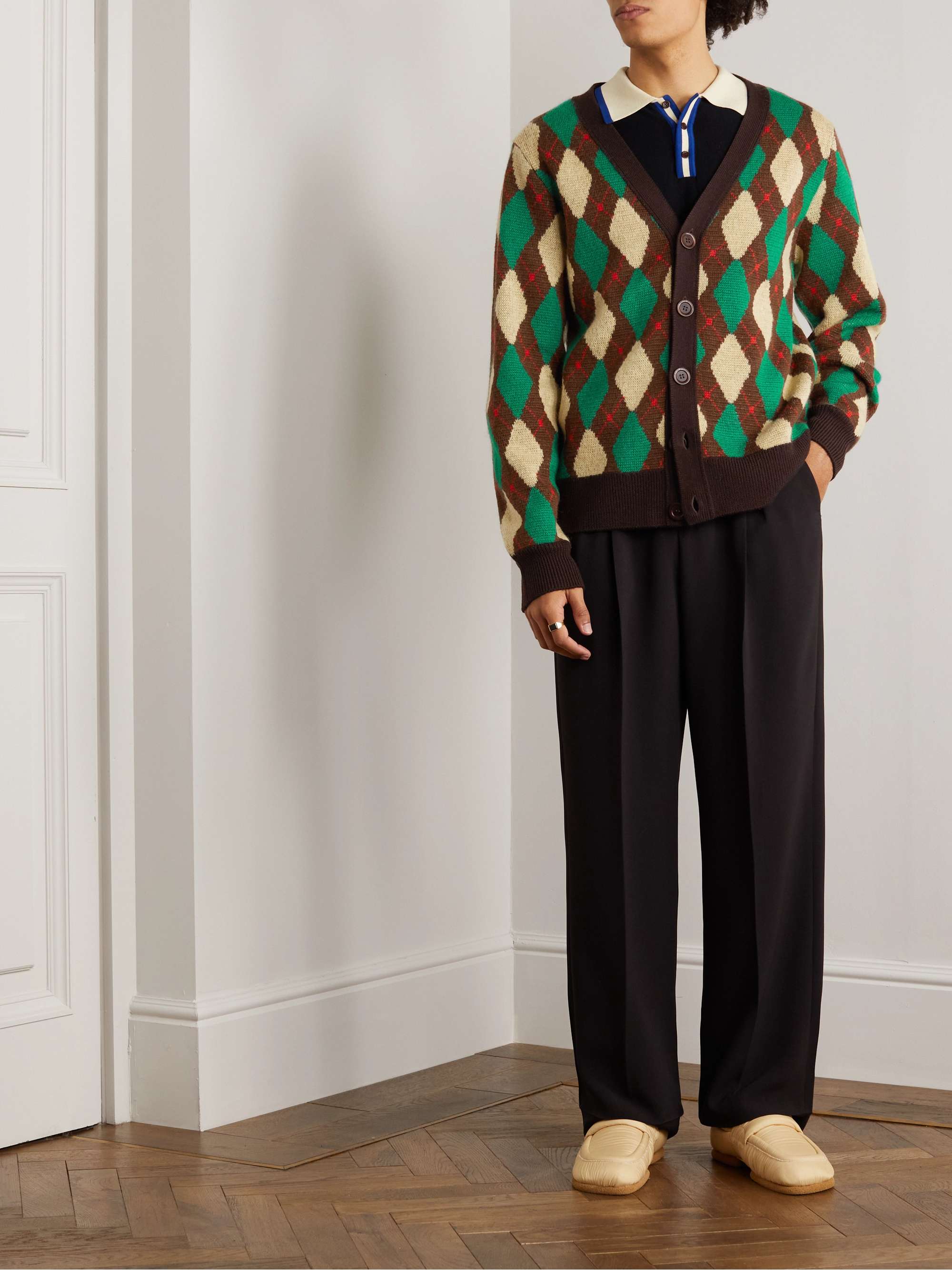 WALES BONNER Argyle Wool-Trimmed Mohair-Blend Cardigan