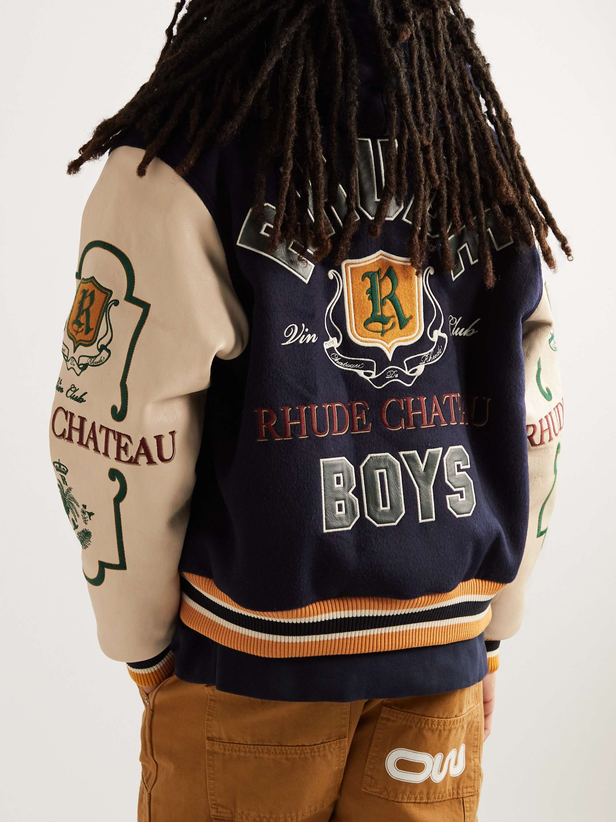 RHUDE Wine Club Logo-Embroidered Full-Grain Leather and Wool-Blend Varsity Jacket