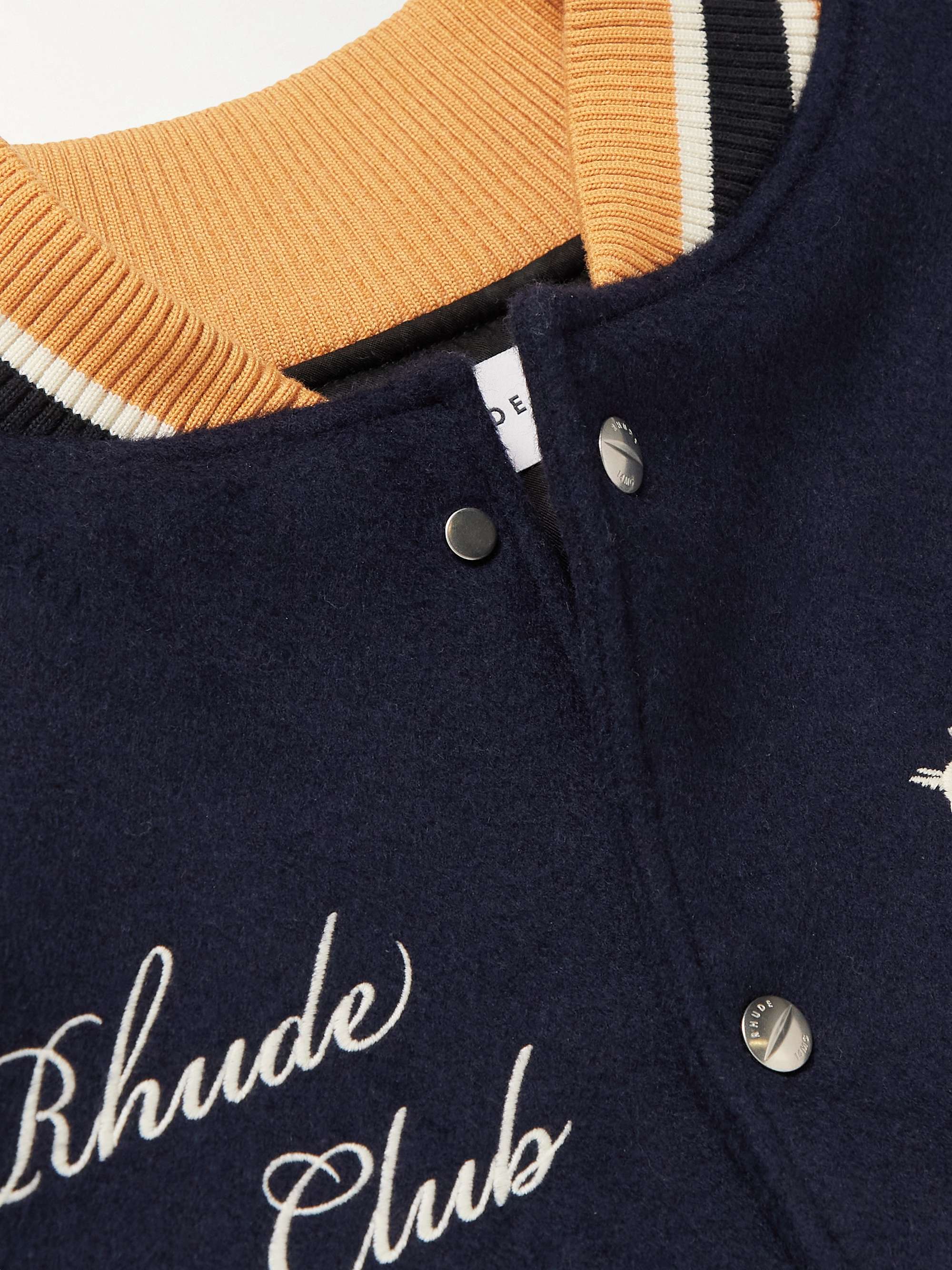 RHUDE Wine Club Logo-Embroidered Full-Grain Leather and Wool-Blend Varsity Jacket