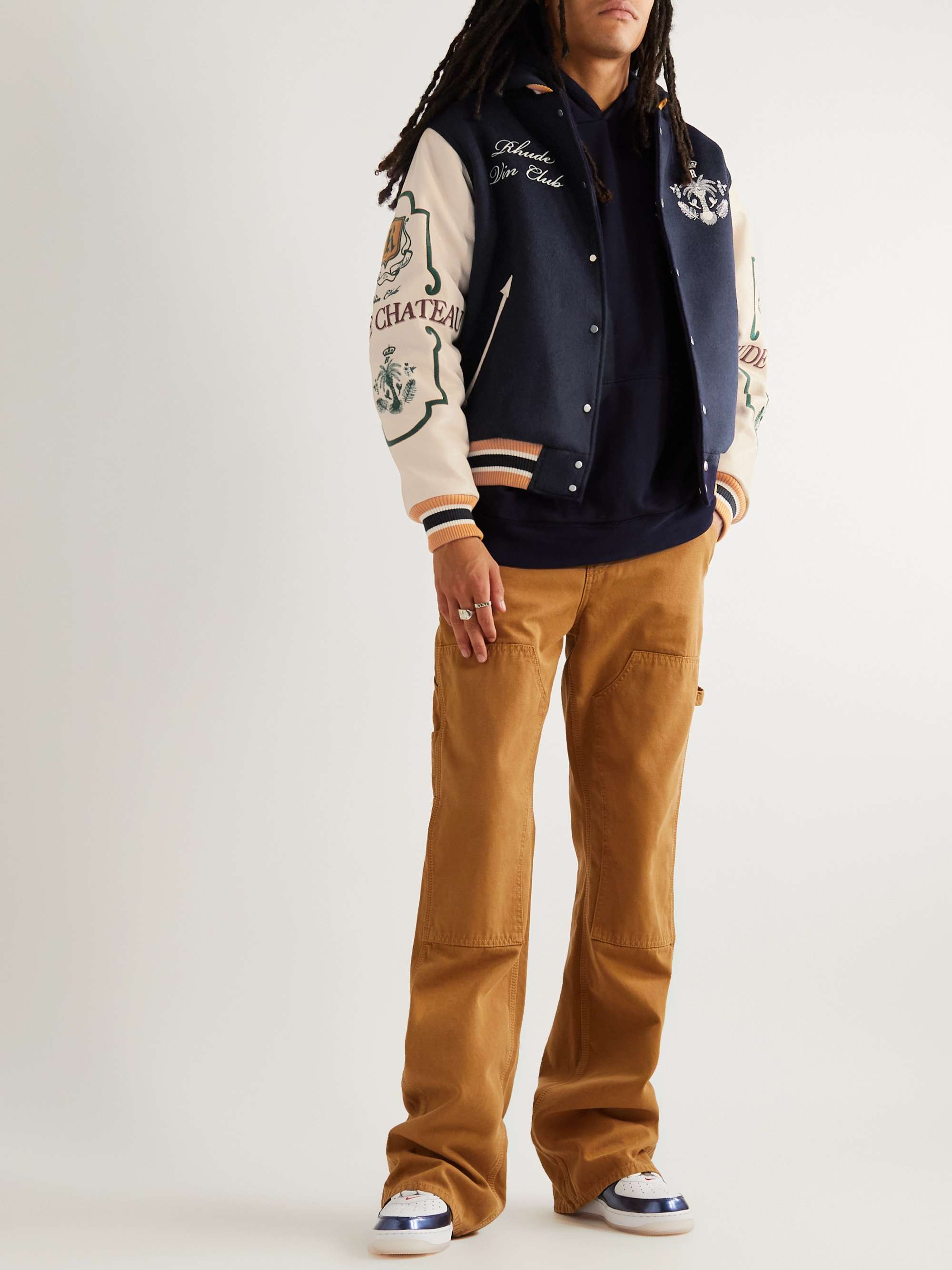 RHUDE Wine Club Logo-Embroidered Full-Grain Leather and Wool-Blend Varsity Jacket