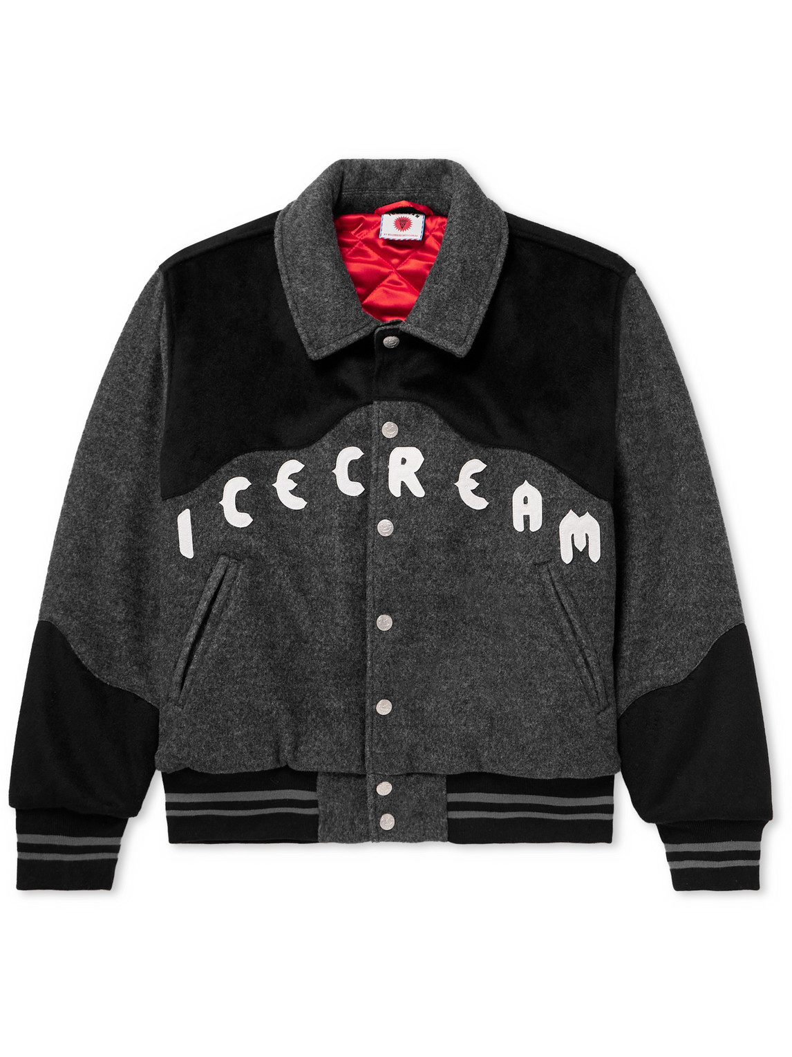 ICECREAM LOGO-APPLIQUÉD TWO-TONE PADDED FELT VARSITY JACKET