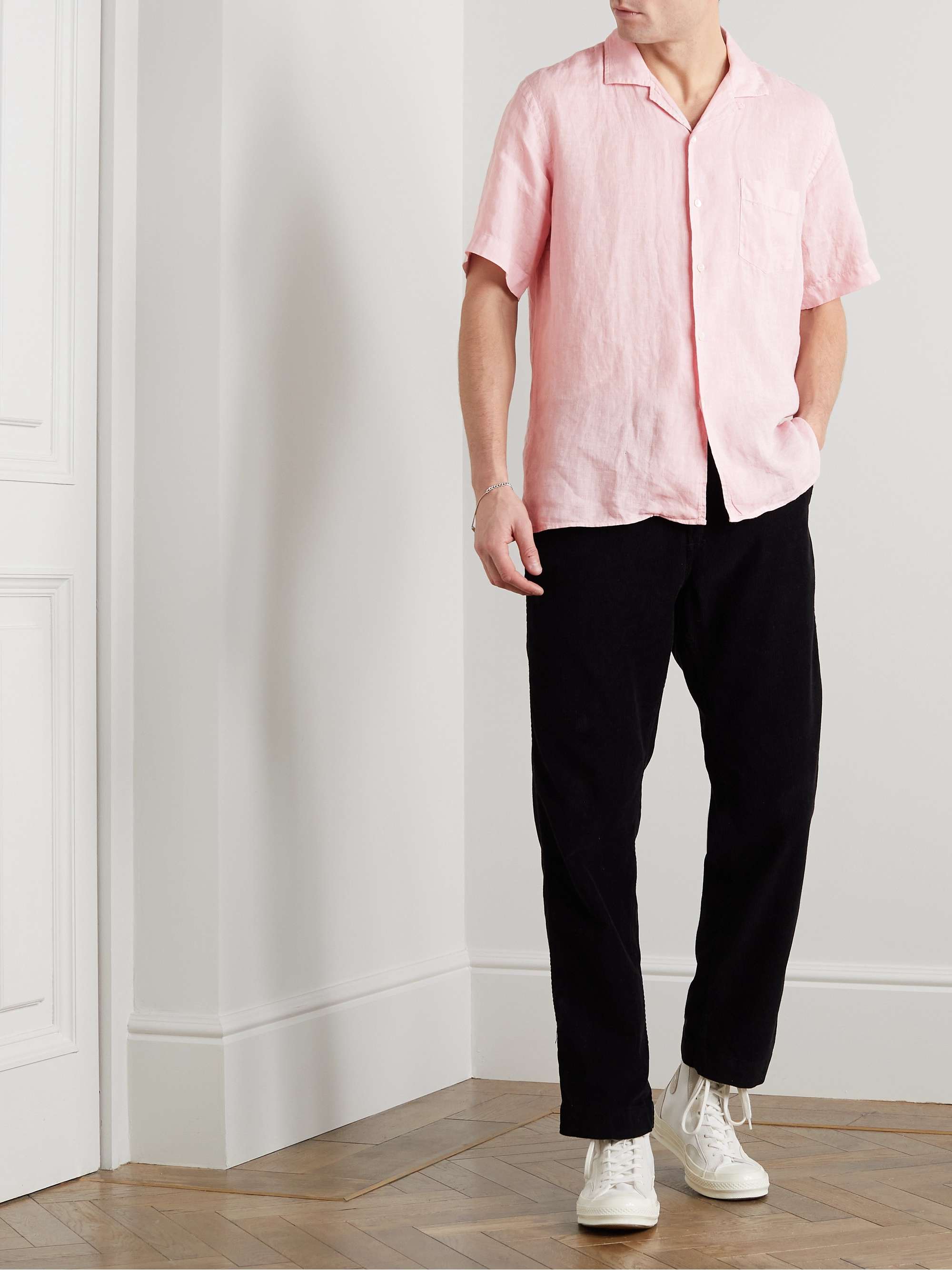 HARTFORD Palm Mc Pat Convertible-Collar Linen Shirt