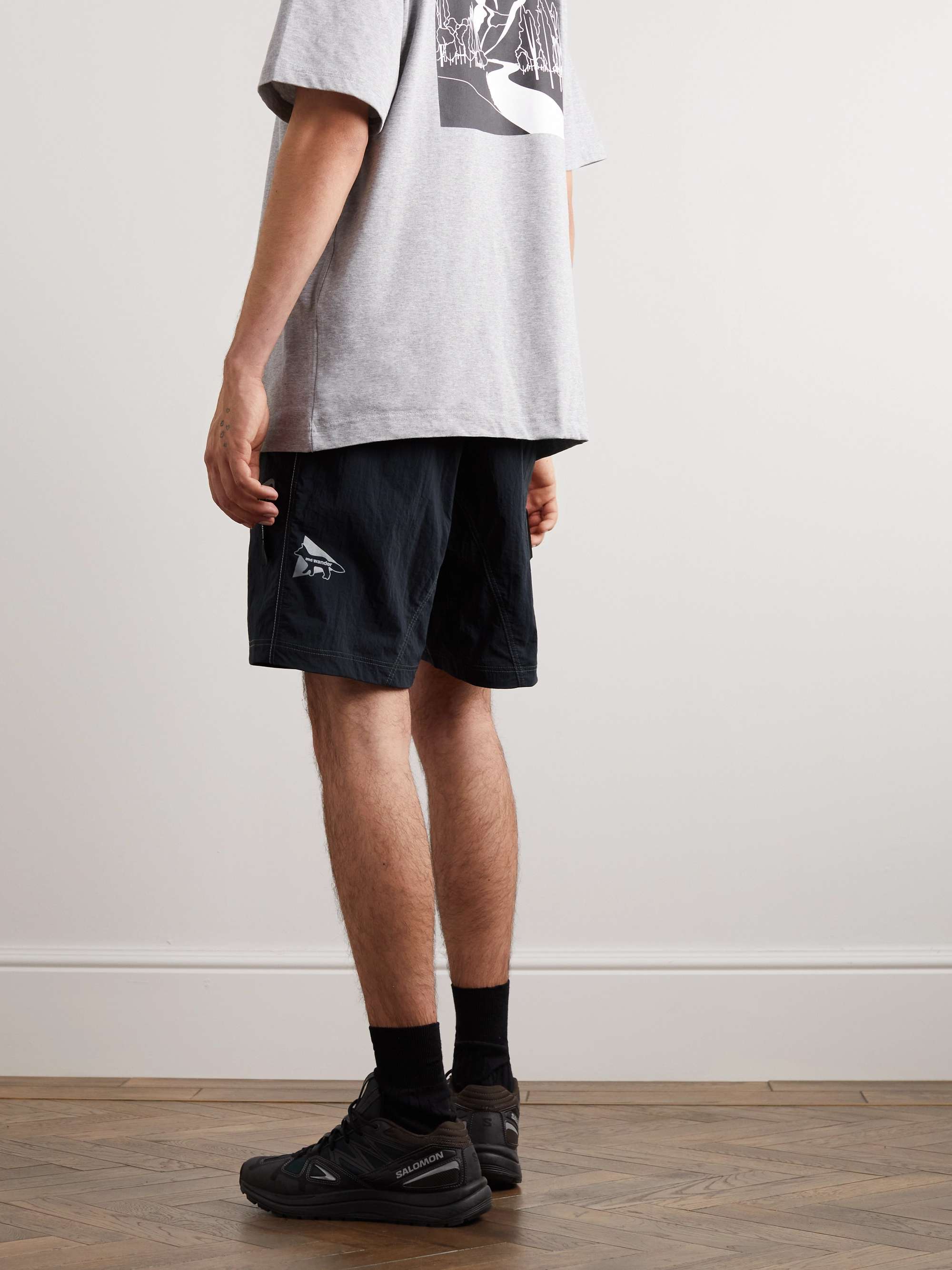 AND WANDER + Maison Kitsuné Straight-Leg Logo-Print Shell Shorts