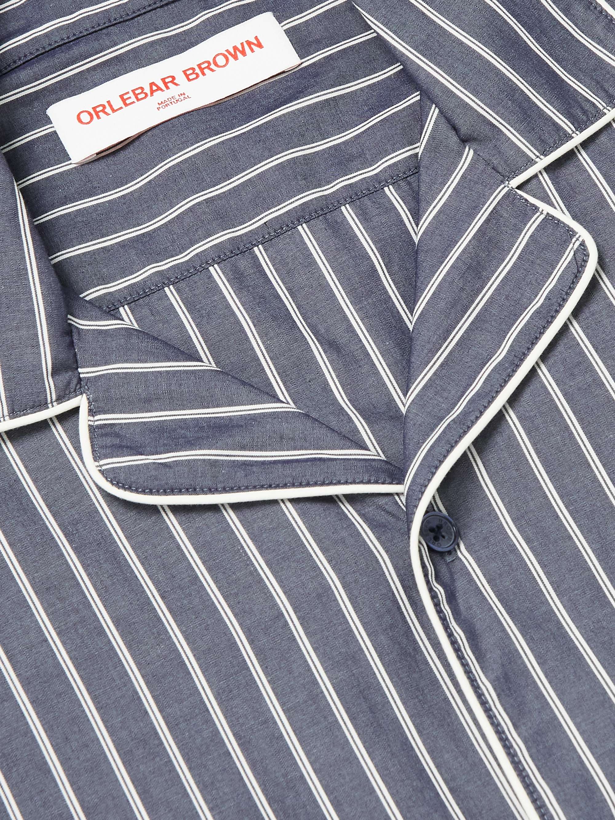 ORLEBAR BROWN Marne Camp-Collar Piped Pinstriped Cotton-Poplin Shirt