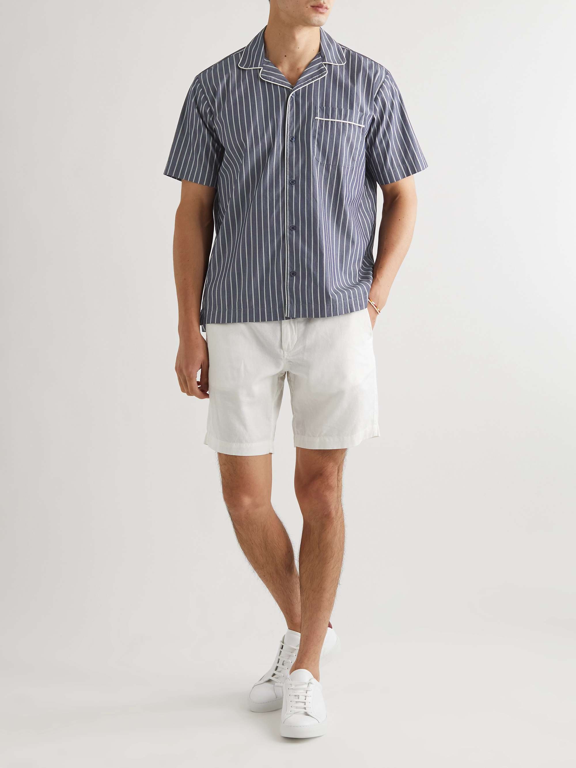 ORLEBAR BROWN Marne Camp-Collar Piped Pinstriped Cotton-Poplin Shirt
