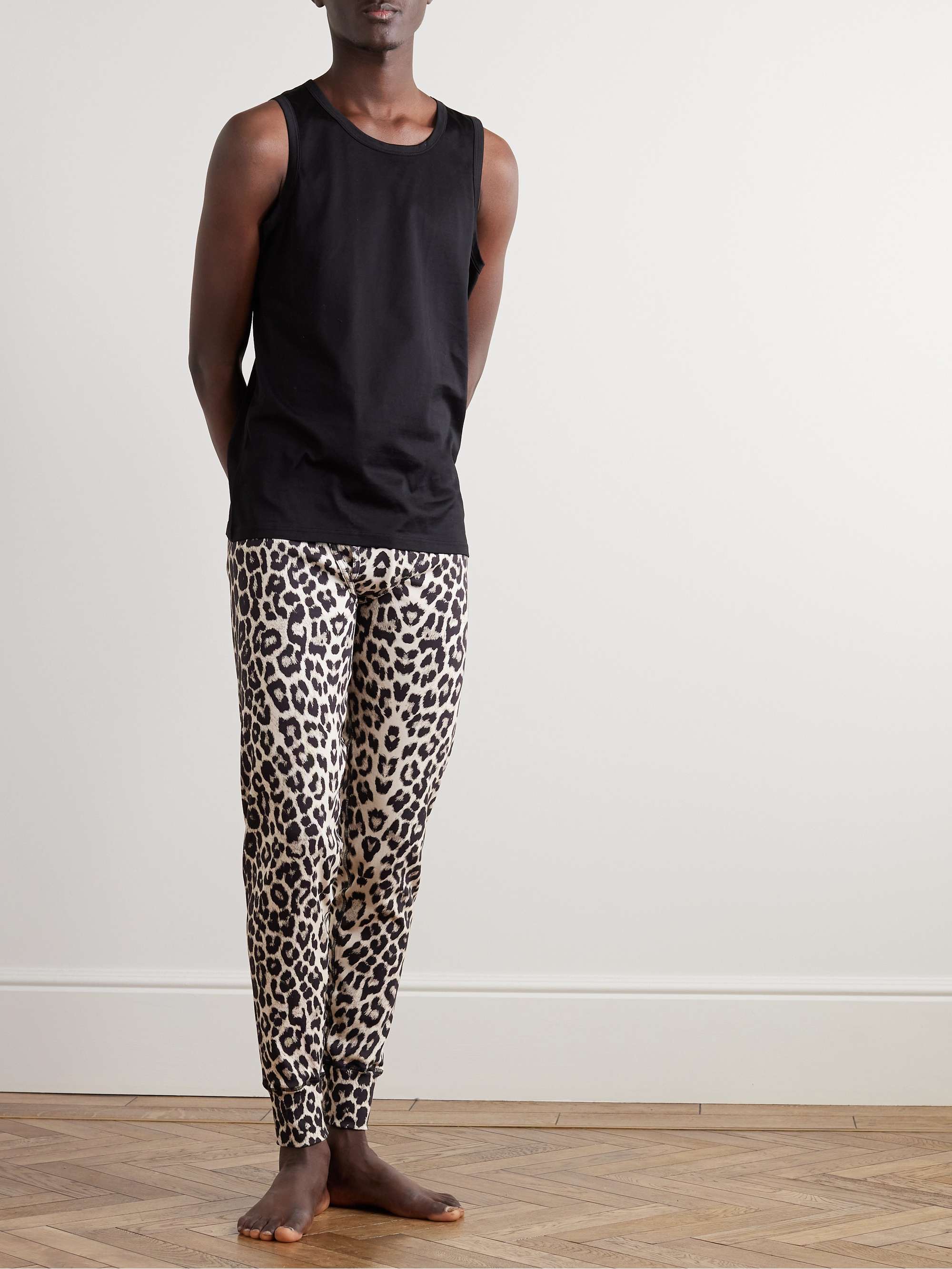 TOM FORD Leopard-Print Grosgrain-Trimmed Stretch-Cotton Jersey Long Johns