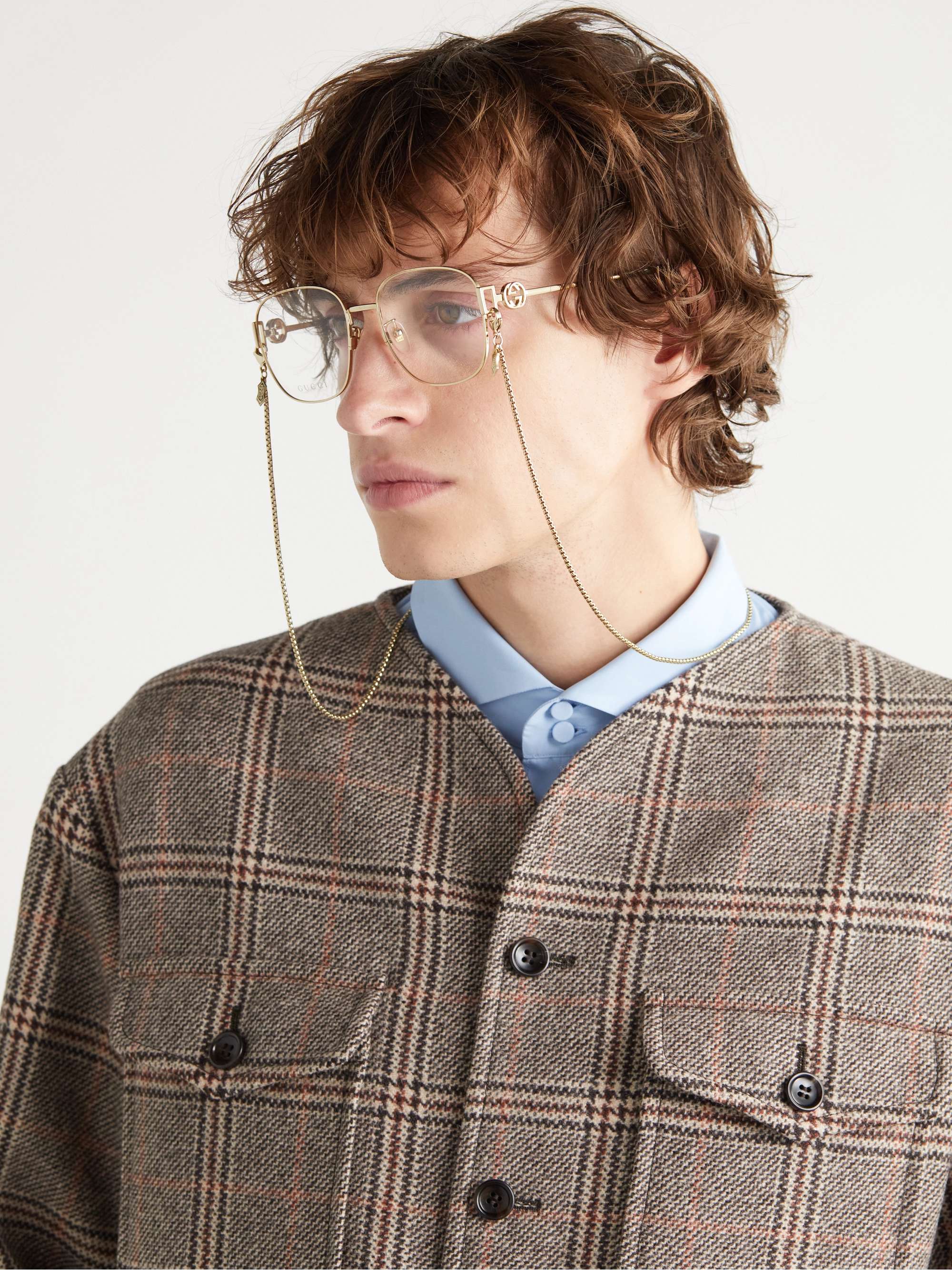 GUCCI EYEWEAR Square-Frame Chain-Embellished Gold-Tone Optical Glasses