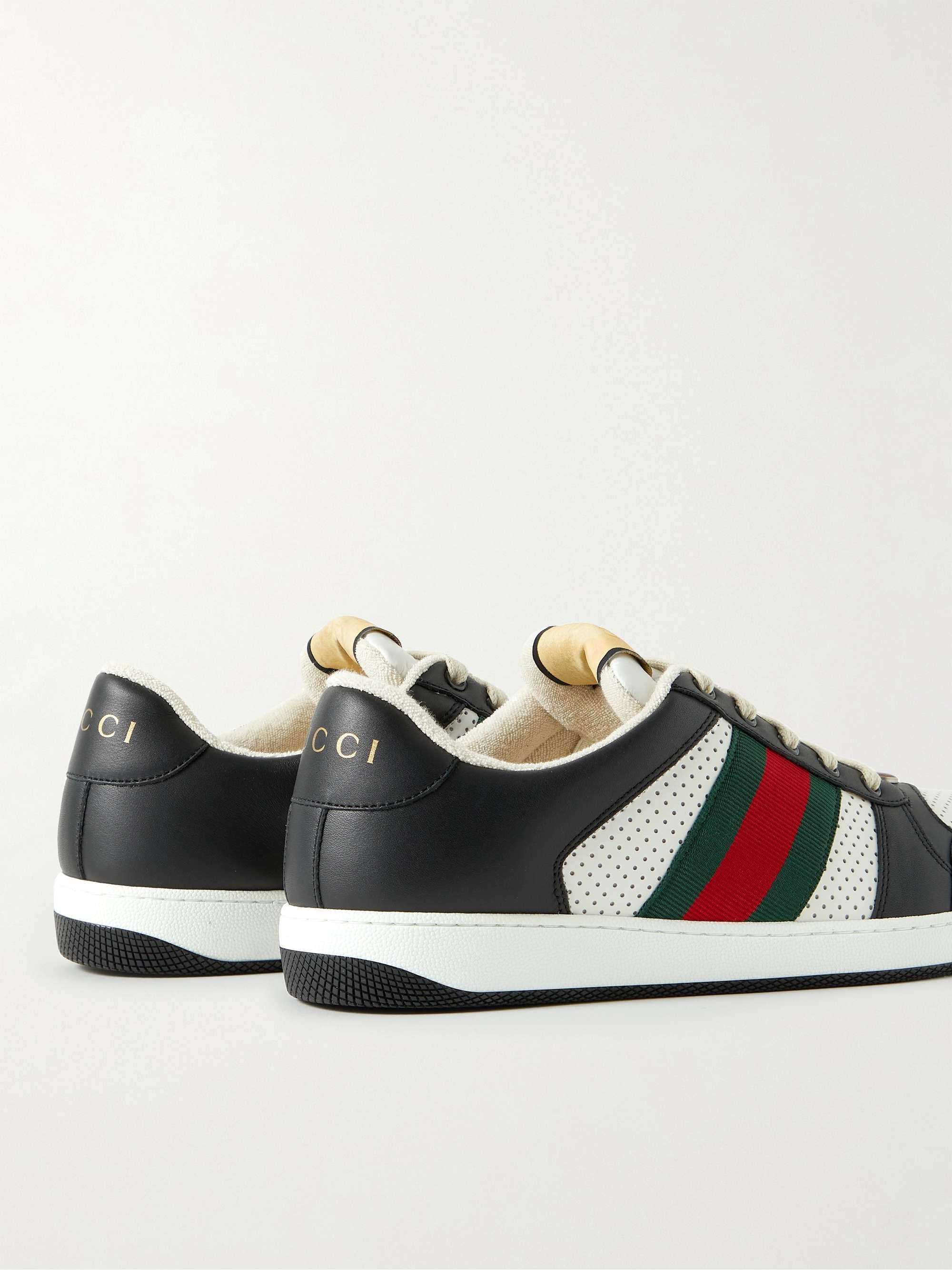 GUCCI Screener Webbing-Trimmed Perforated Leather Sneakers