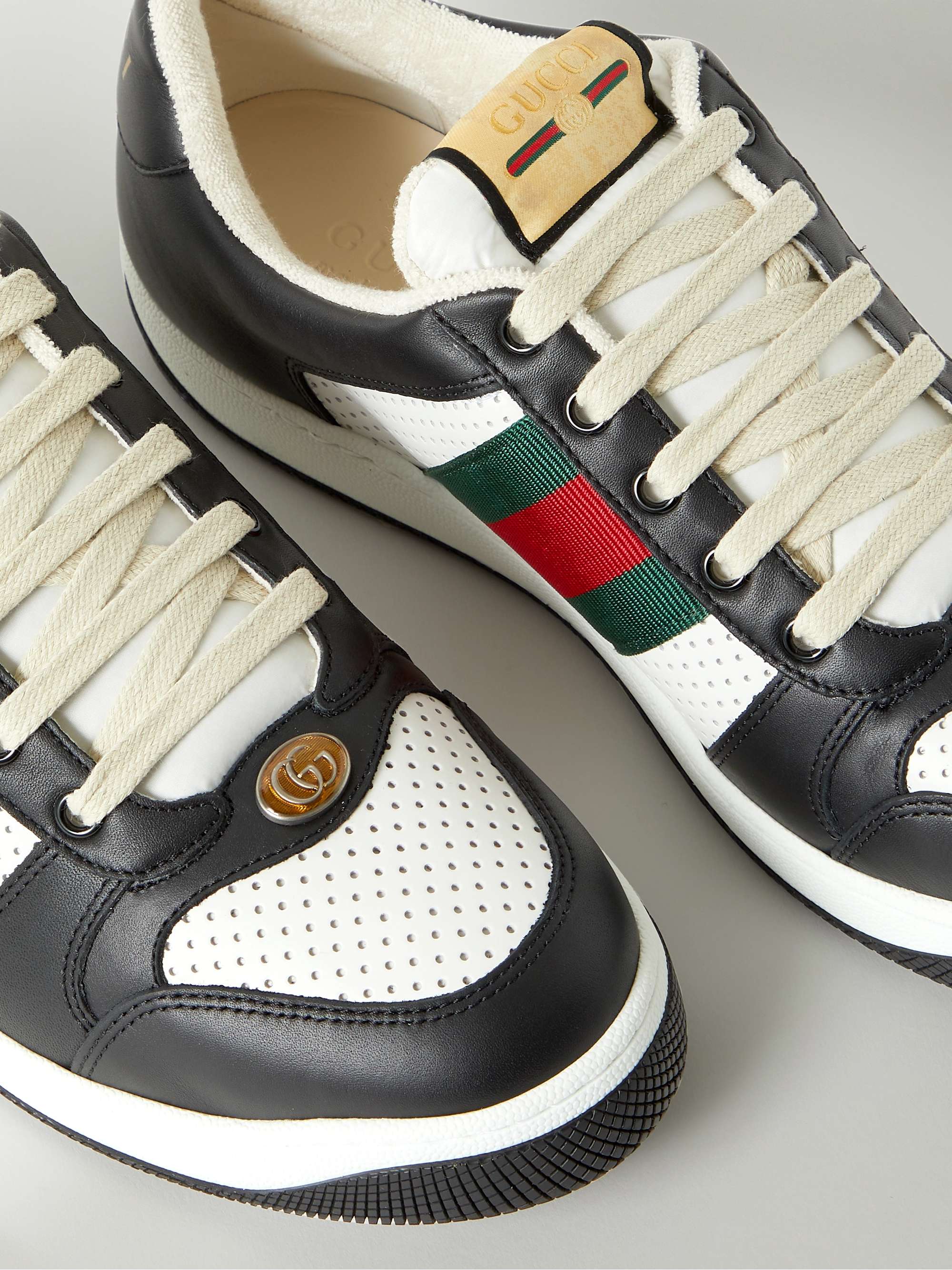 GUCCI Screener Webbing-Trimmed Perforated Leather Sneakers