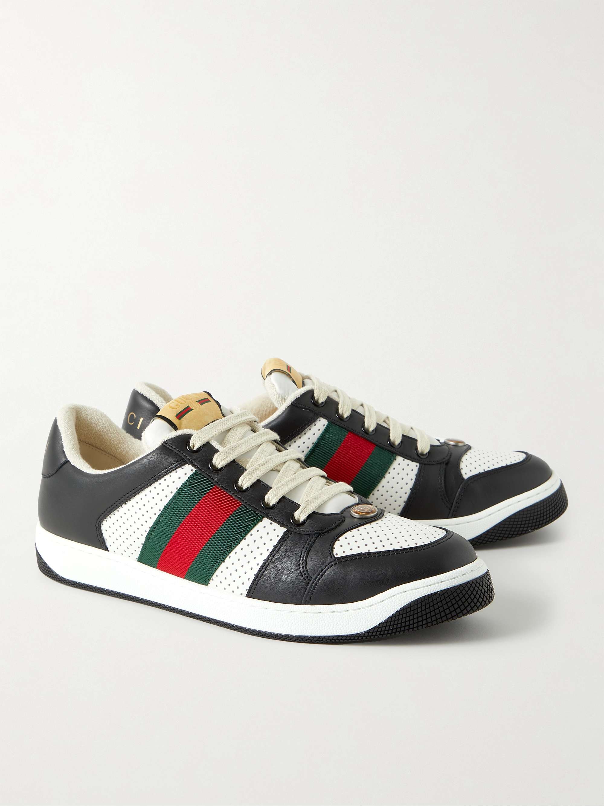 GUCCI Screener Webbing-Trimmed Perforated Leather Sneakers