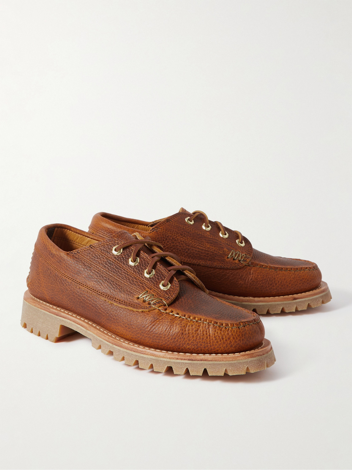Shop Yuketen Angler Textured-leather Boat Shoes In Brown