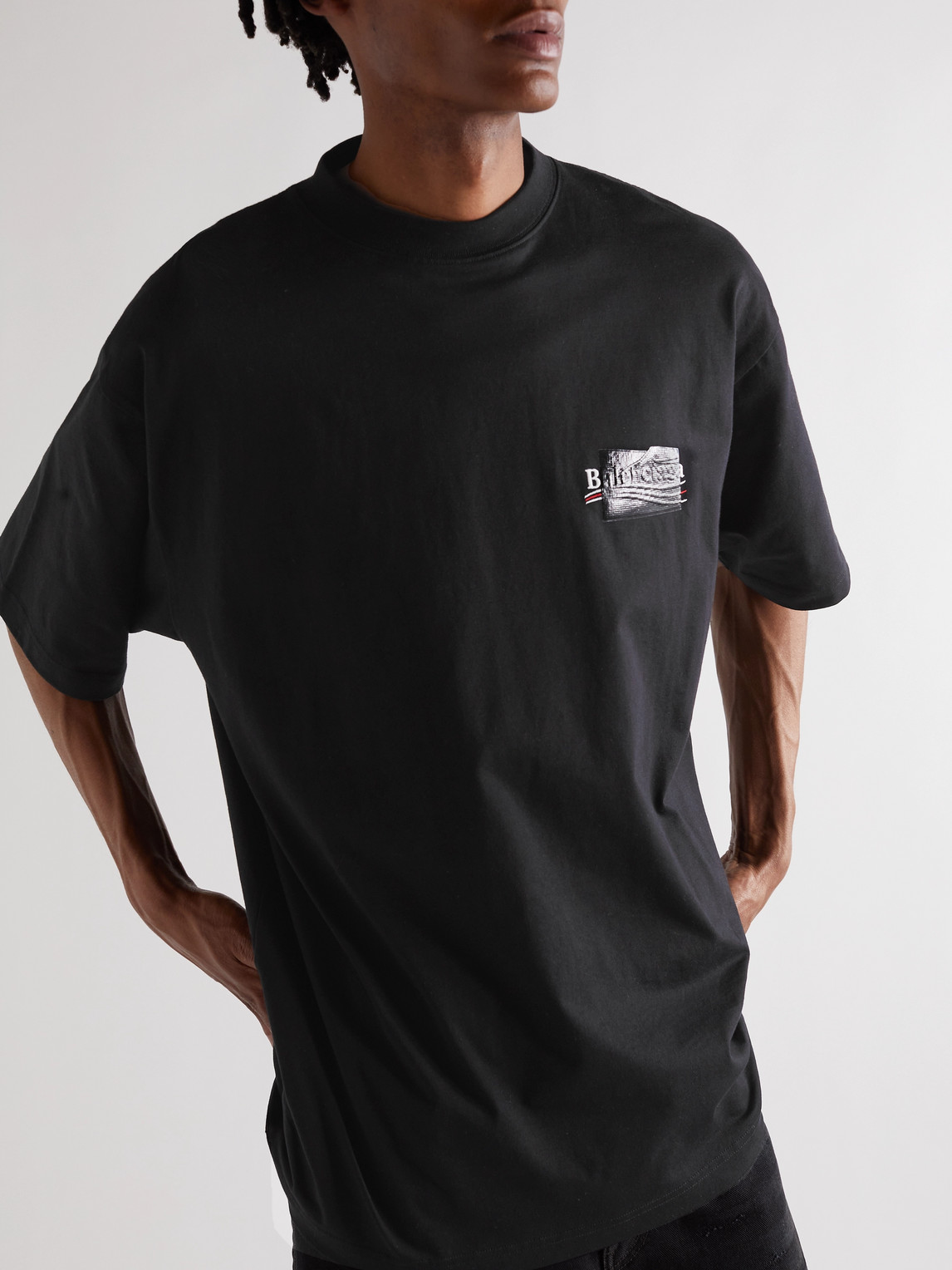 Shop Balenciaga Gaffer Oversized Logo-embroidered Appliquéd Cotton-jersey T-shirt In Black