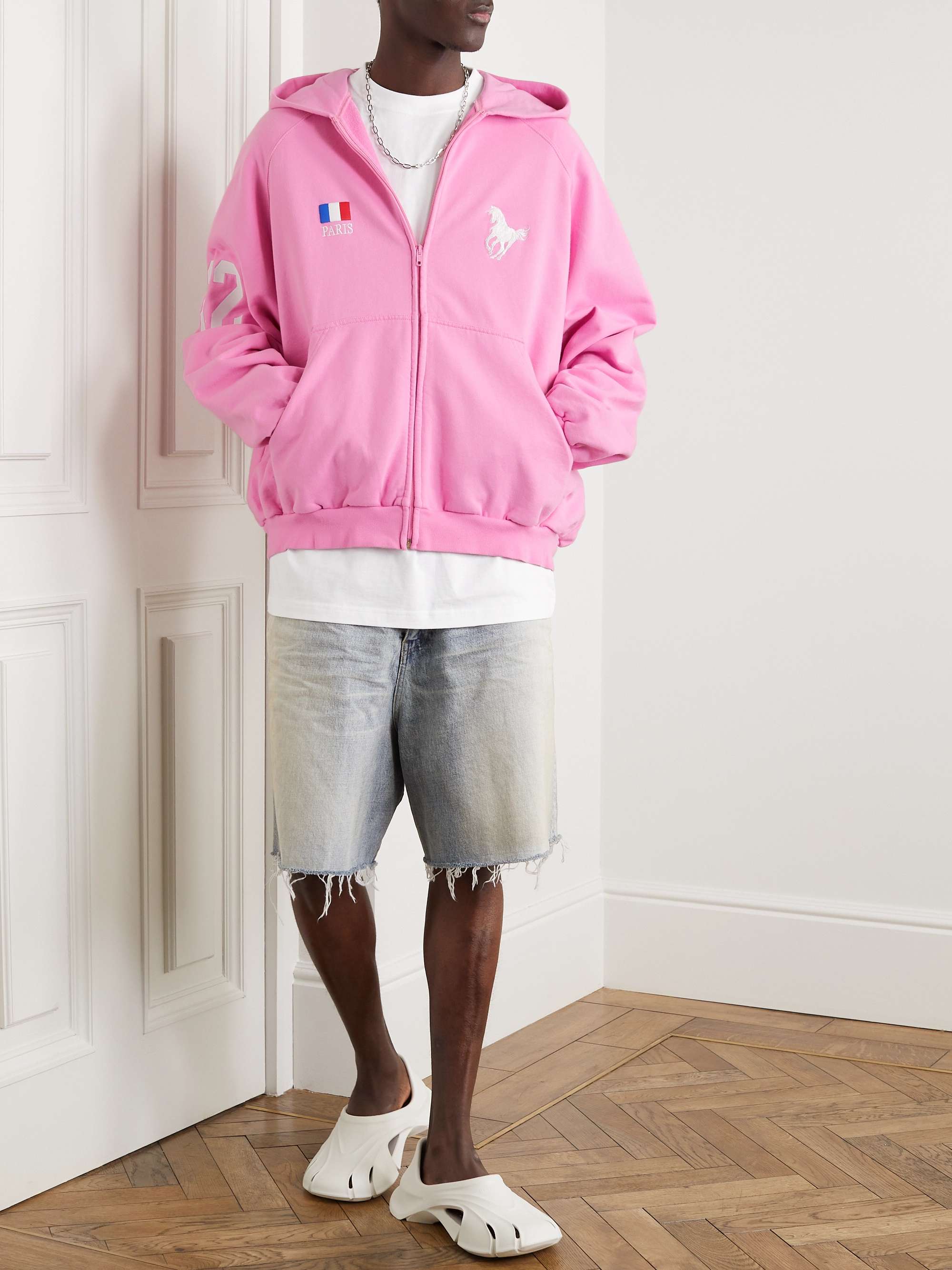 Pink Molleton Bouclette Logo-Embroidered Distressed Cotton-Jersey 
