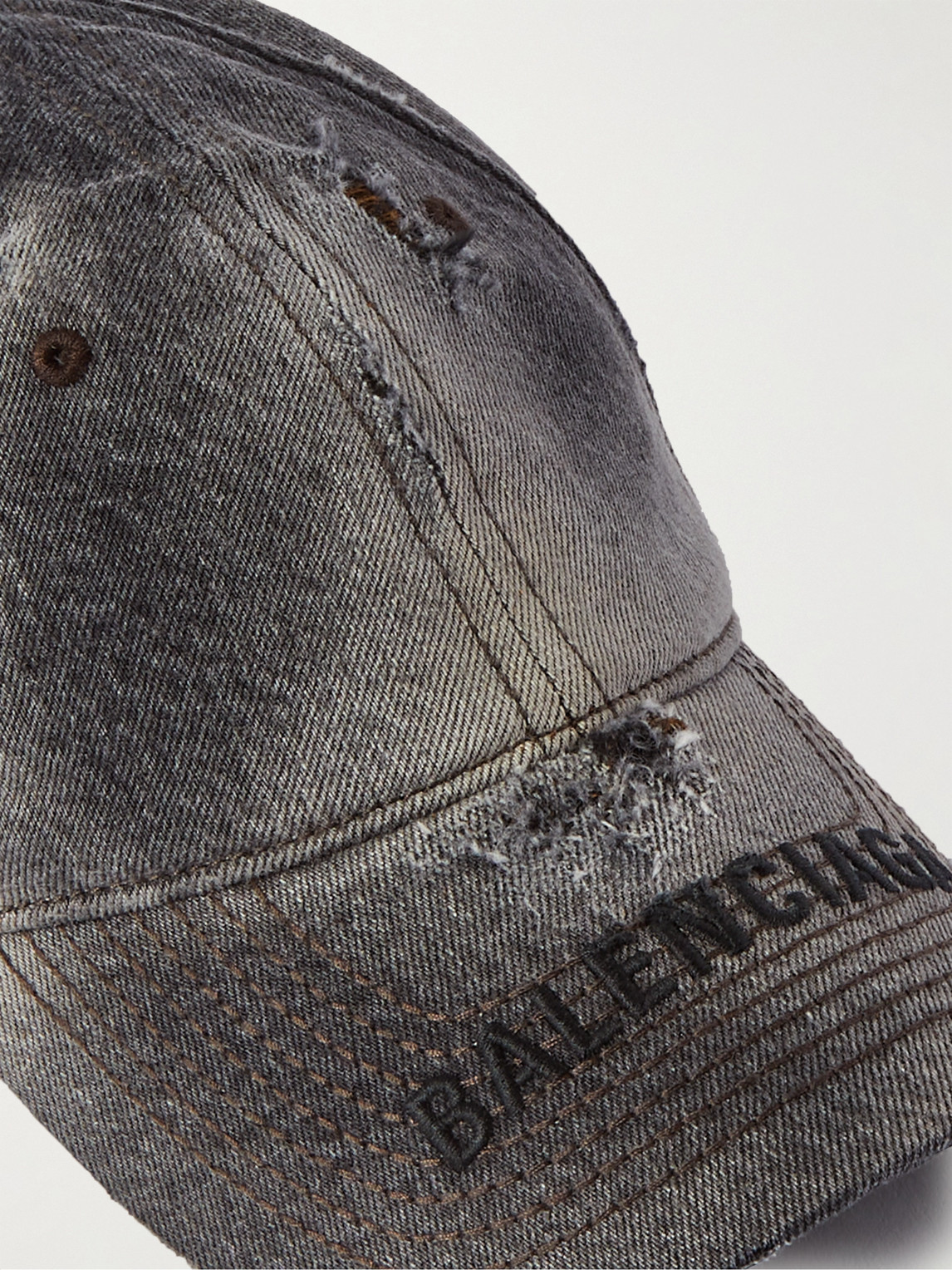 Shop Balenciaga Logo-embroidered Distressed Denim Baseball Cap In Gray