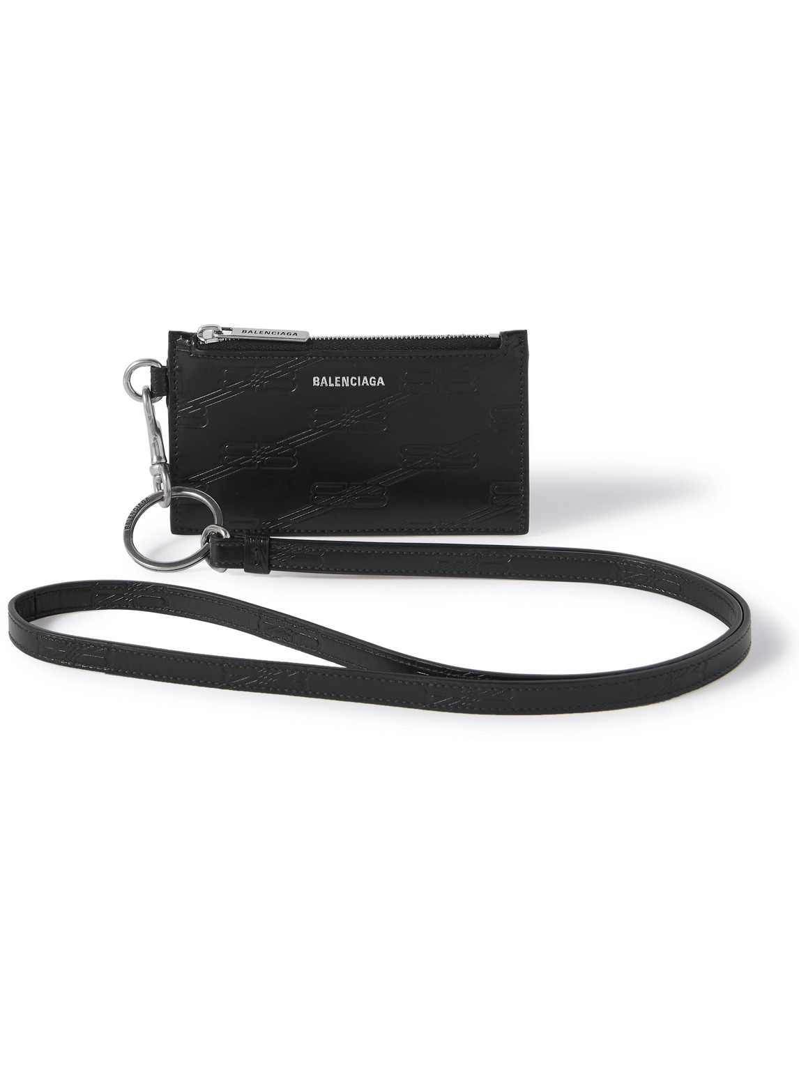 Balenciaga Logo-debossed Leather Zipped Cardholder With Lanyard In Black