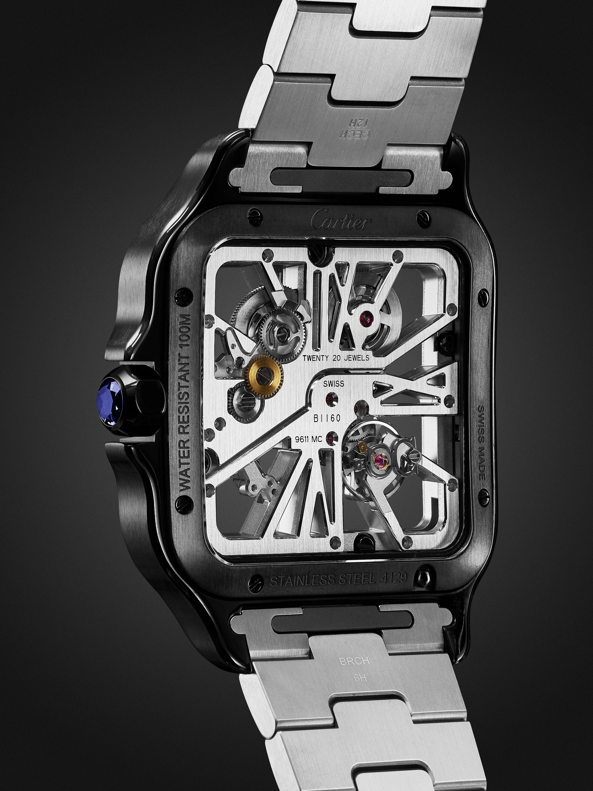CARTIER Santos de Cartier Hand-Wound Skeleton 39.8mm Interchangeable Steel and Alligator Watch, Ref. No. WHSA0027