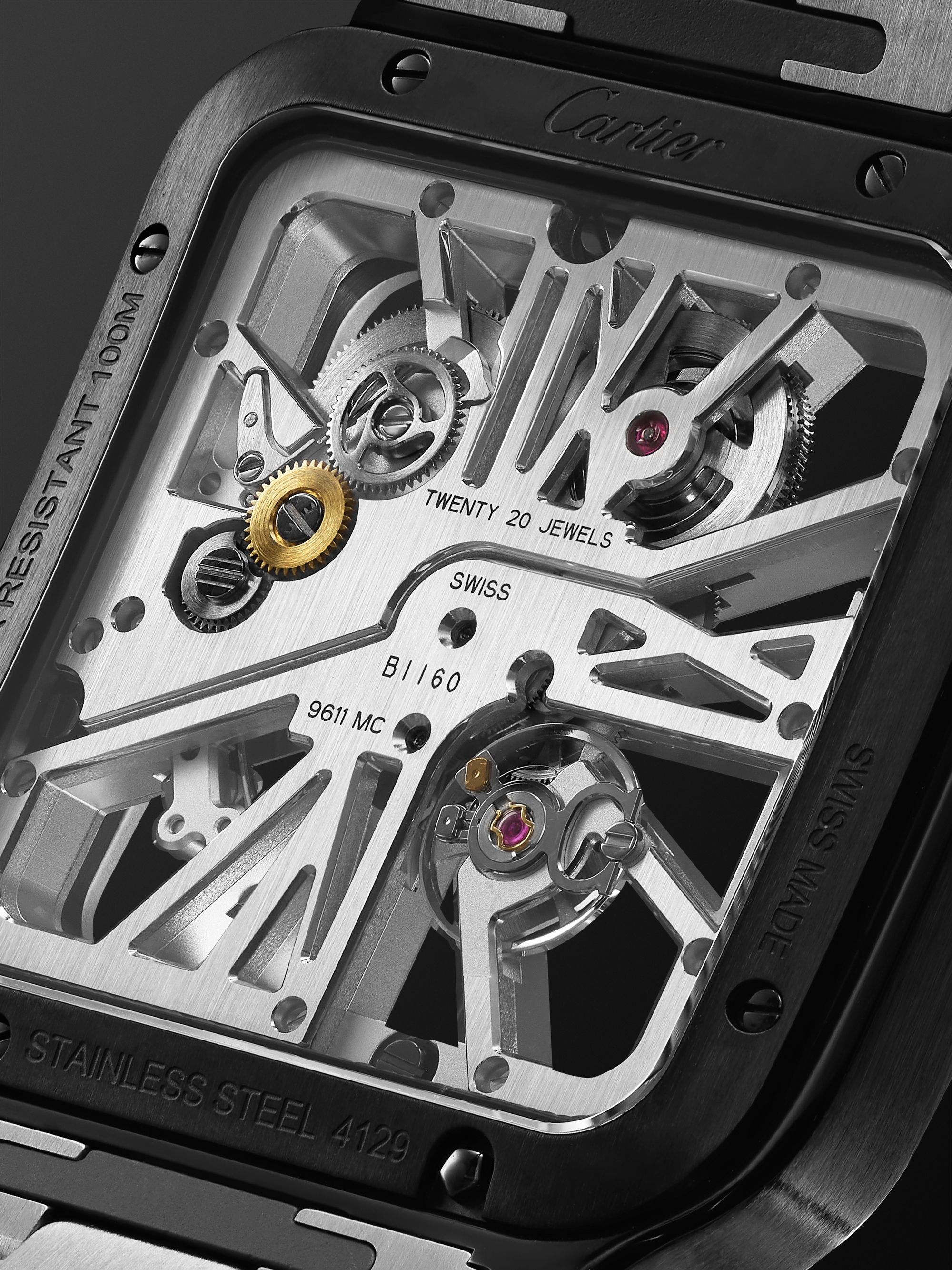CARTIER Santos de Cartier Hand-Wound Skeleton 39.8mm Interchangeable Steel and Alligator Watch, Ref. No. WHSA0027