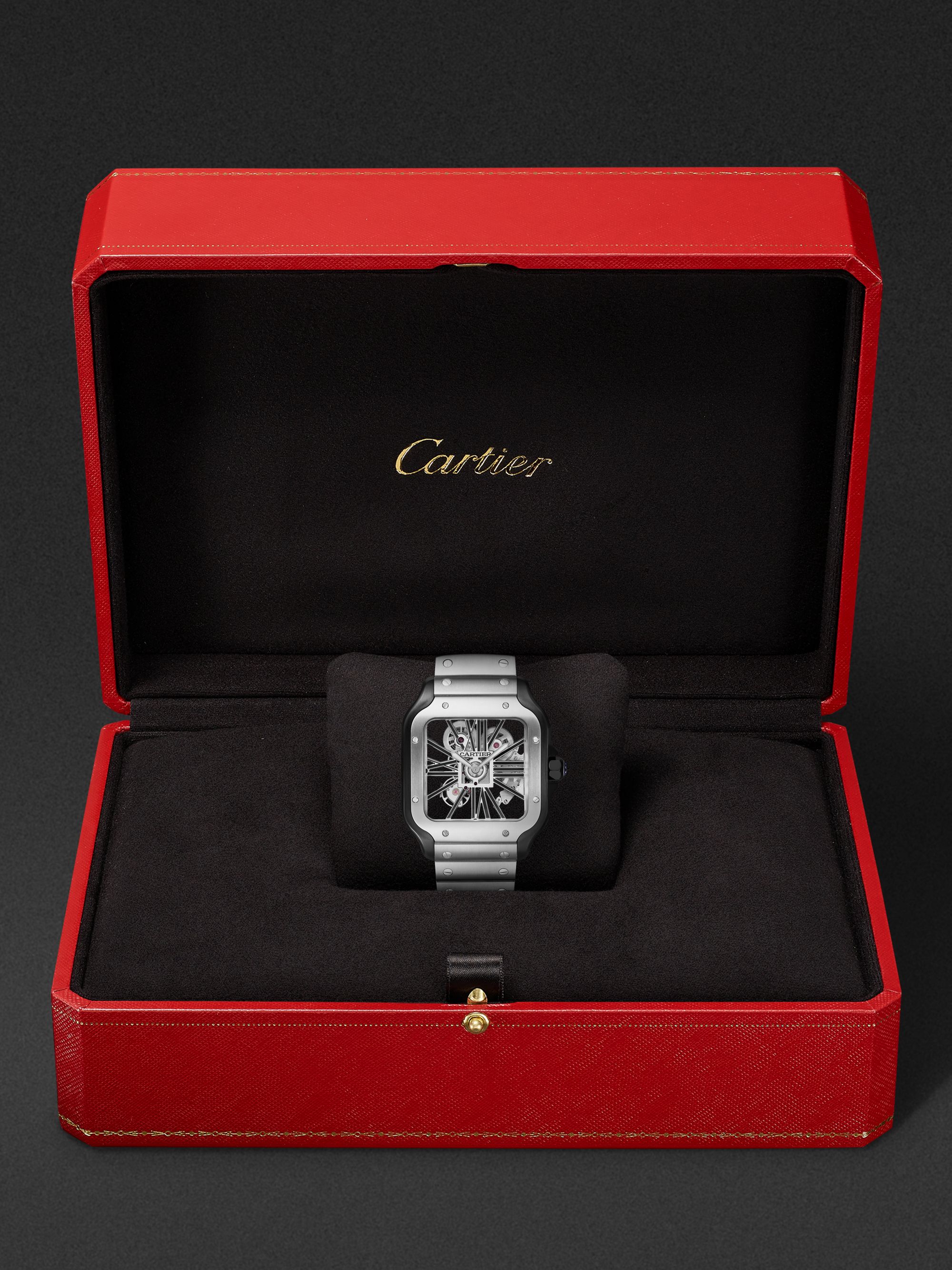 CARTIER Santos de Cartier Hand-Wound Skeleton 39.8mm Interchangeable Steel and Alligator Watch, Ref. No. WHSA0027