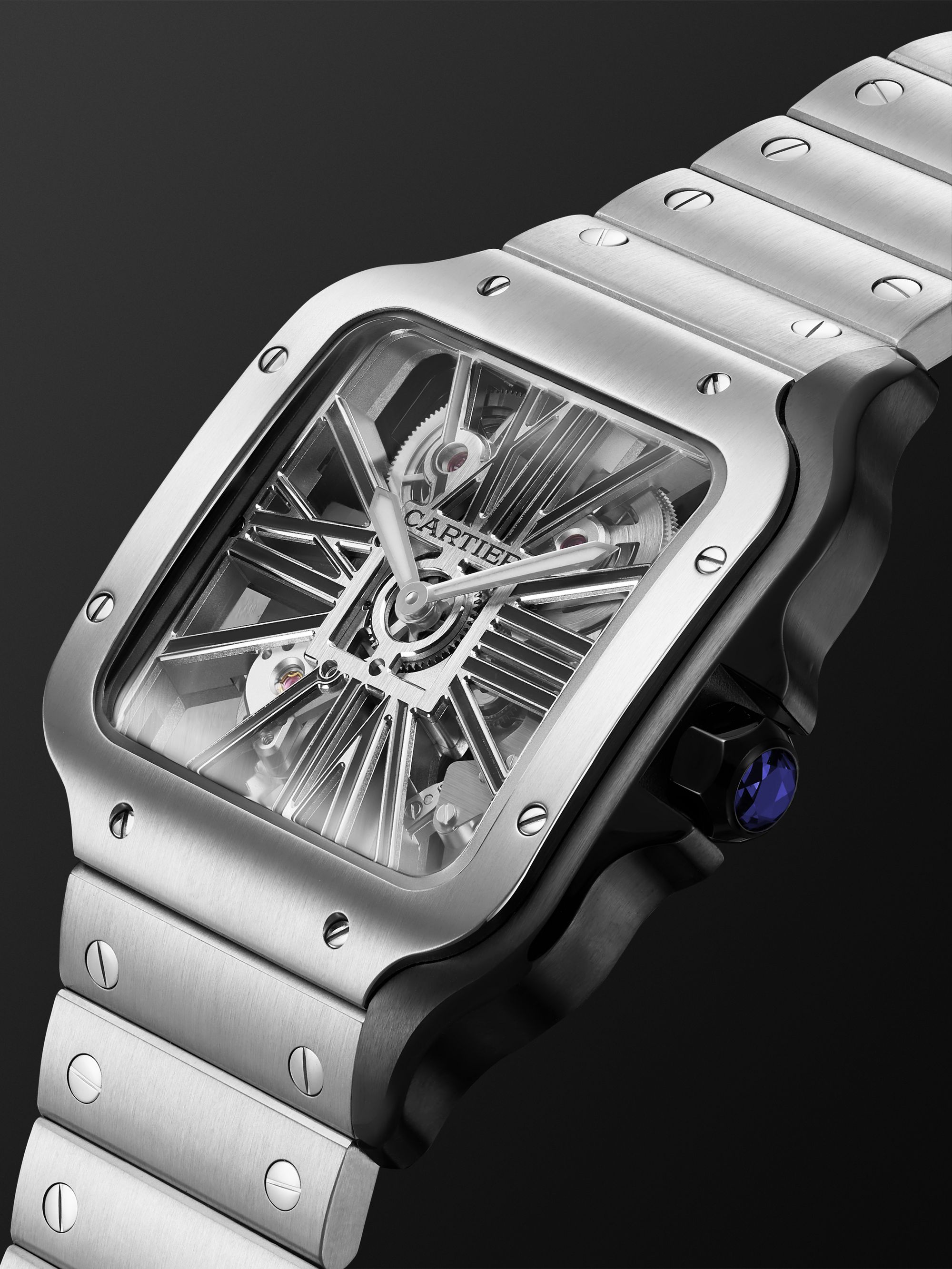 CARTIER Santos de Cartier Hand-Wound Skeleton 39.8mm Interchangeable Steel and Alligator Watch, Ref. No. WHSA0027