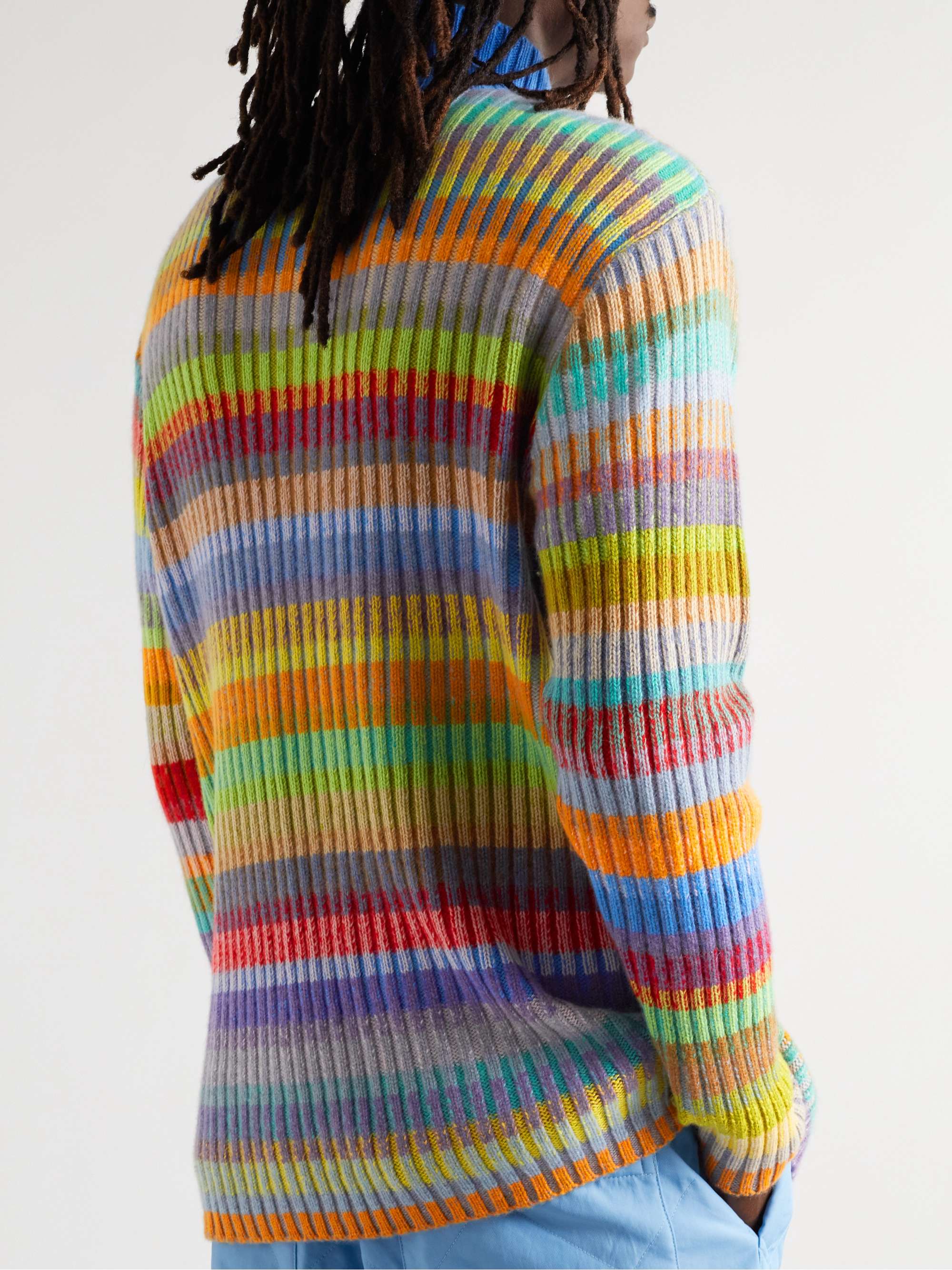 THE ELDER STATESMAN Jolly Ribbed Striped Cashmere Half-Zip Sweater