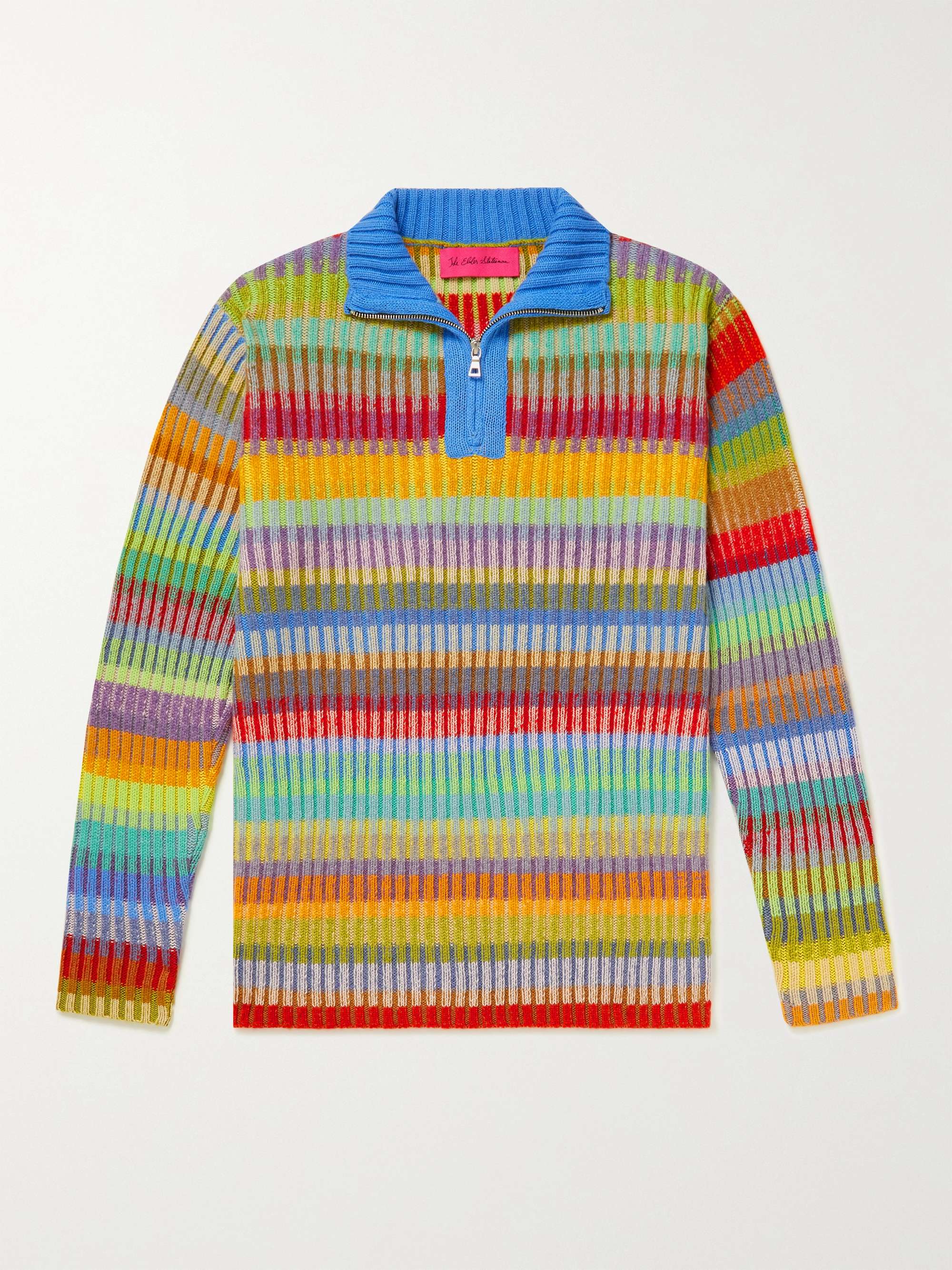 THE ELDER STATESMAN Jolly Ribbed Striped Cashmere Half-Zip Sweater